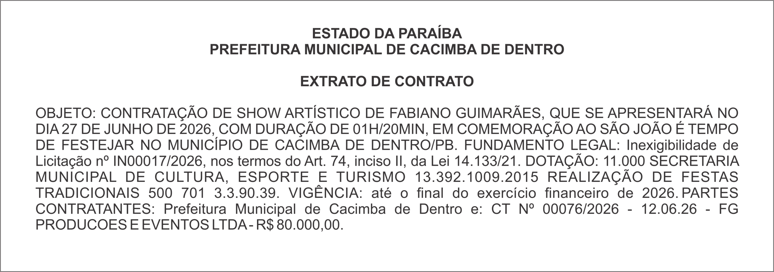PREFEITURA MUNICIPAL DE CACIMBA DE DENTRO – EXTRATO DE CONTRATO