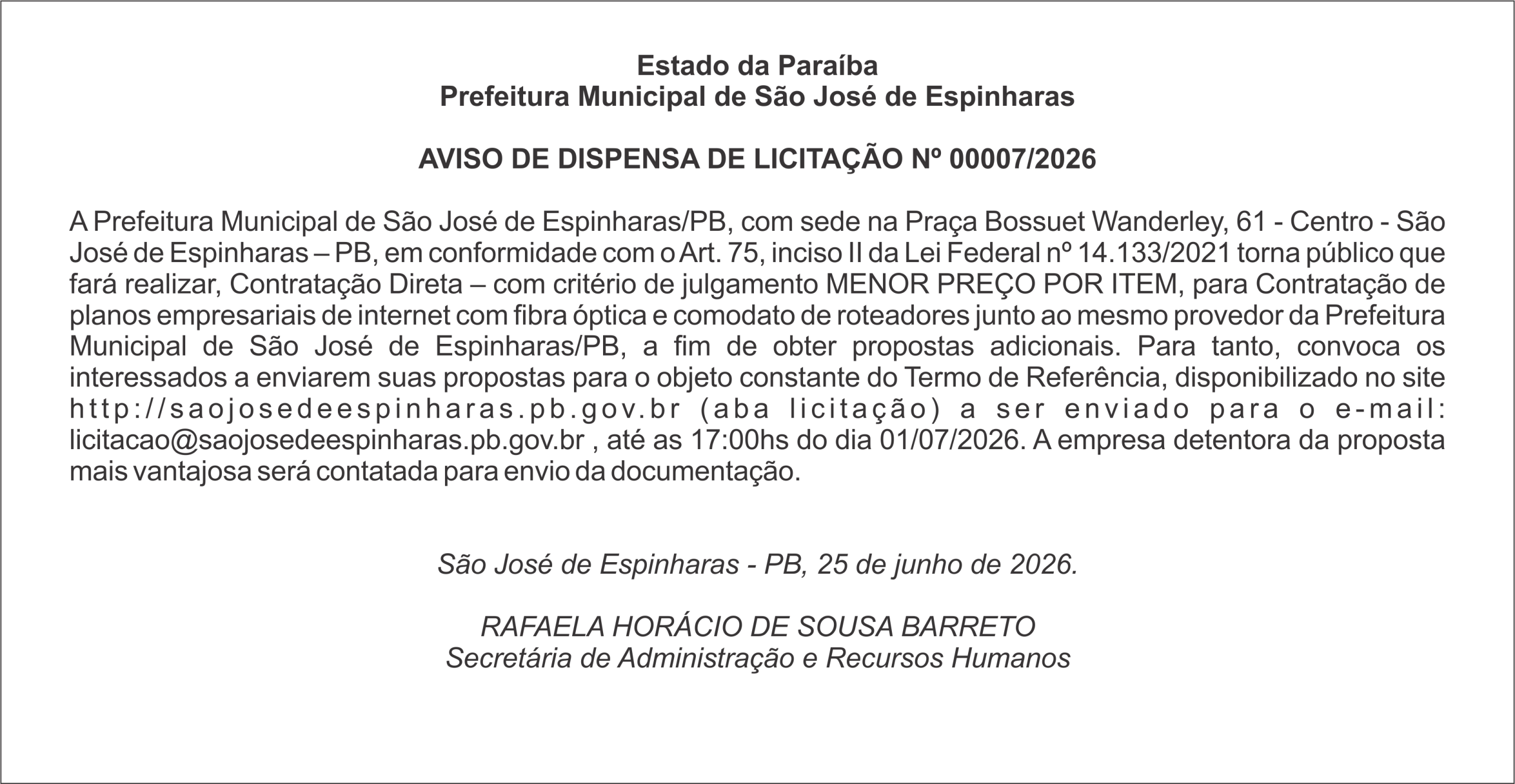 PREFEITURA DE SÃO JOSÉ  DE ESPINHARAS – AVISO DE DISPENSA DE LICITAÇÃO Nº 00007/2026