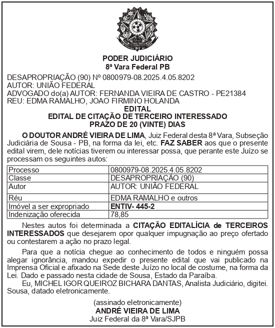 SECRETARIA NACIONAL DE SEGURANÇA HIDRICA – SNSH – MDR – DF – BRASÍLIA – Edital de Citação de Terceiro Interessado – ENTIV- 445 -2 (ÉDMA RAMALHO)