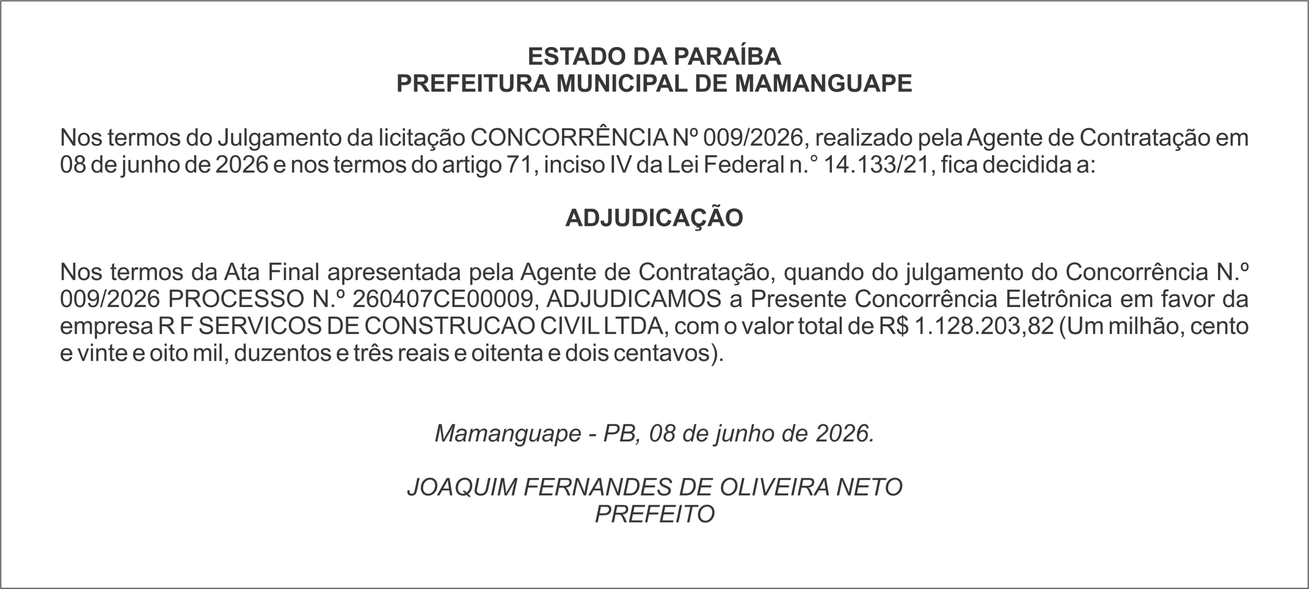 PREFEITURA MUNICIPAL DE MAMANGUAPE – ADJUDICAÇÃO