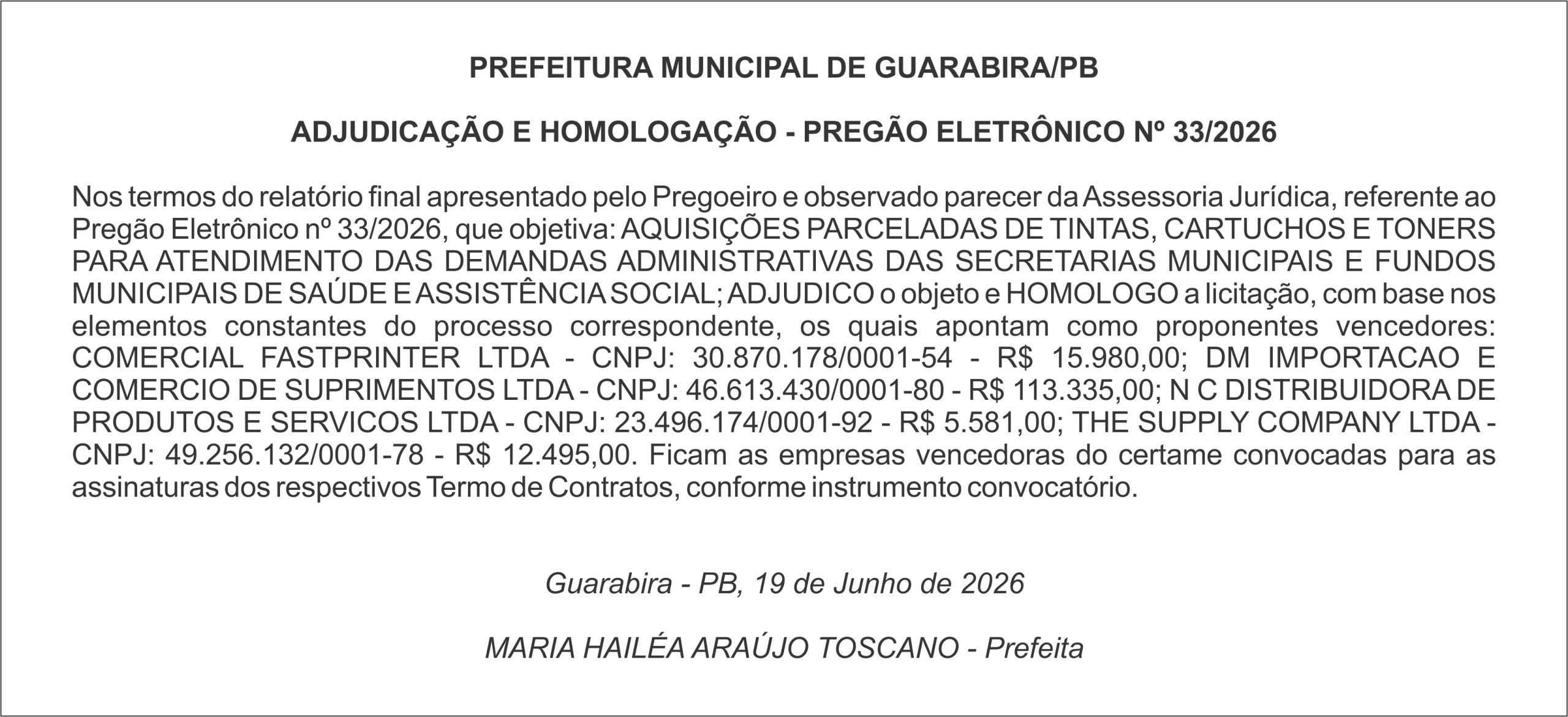 PREFEITURA MUNICIPAL DE GUARABIRA/PB – ADJUDICAÇÃO E HOMOLOGAÇÃO – PREGÃO ELETRÔNICO Nº 33/2026