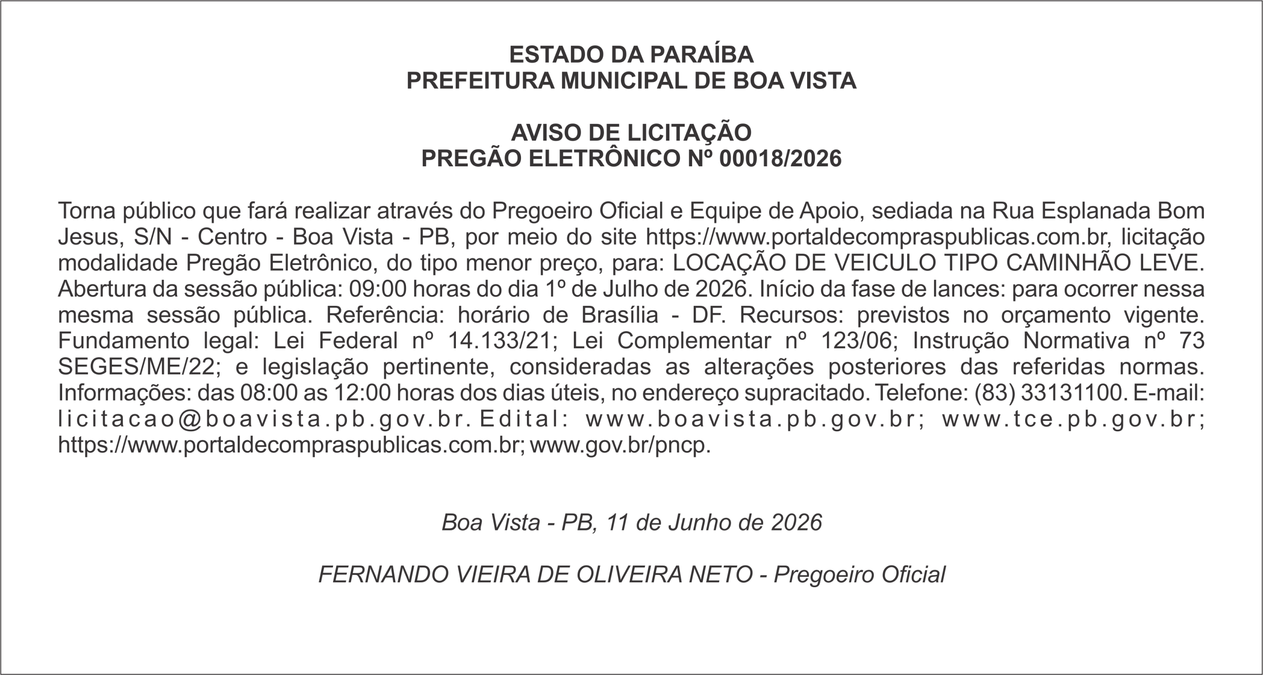 PREFEITURA MUNICIPAL DE BOA VISTA – AVISO DE LICITAÇÃO PREGÃO ELETRÔNICO Nº 00018/2026