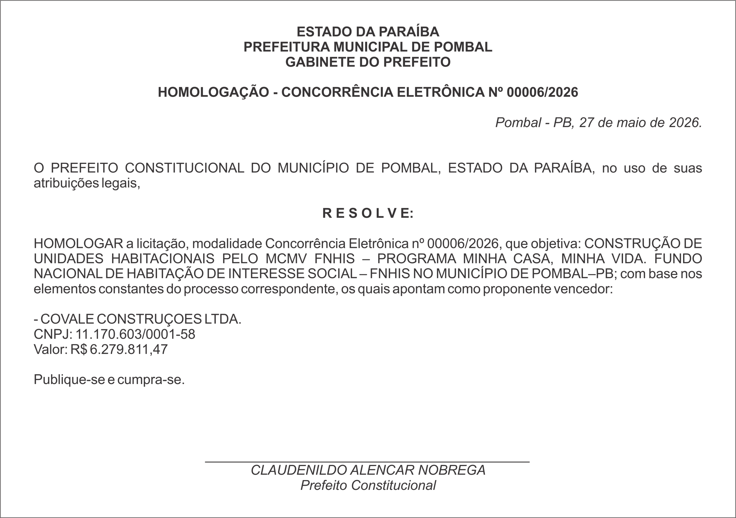 PREFEITURA MUNICIPAL DE POMBAL- HOMOLOGAÇÃO – CONCORRÊNCIA ELETRÔNICA Nº 00006/2026