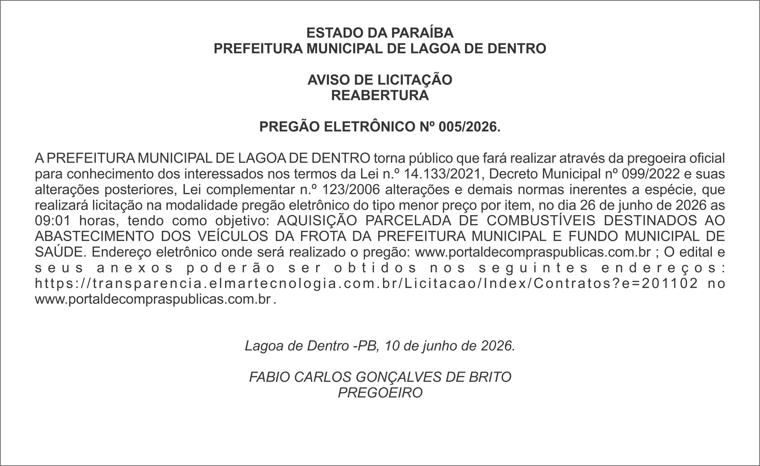 PREFEITURA MUNICIPAL DE LAGOA DE DENTRO – AVISO DE LICITAÇÃO REABERTURA