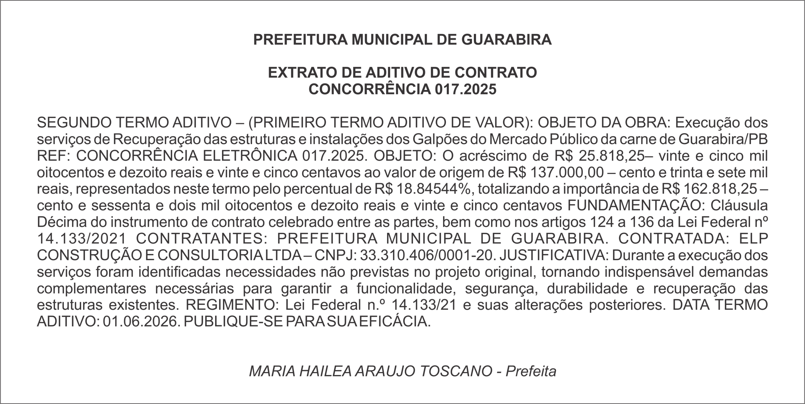PREFEITURA MUNICIPAL DE GUARABIRA EXTRATO DE ADITIVO DE CONTRATO