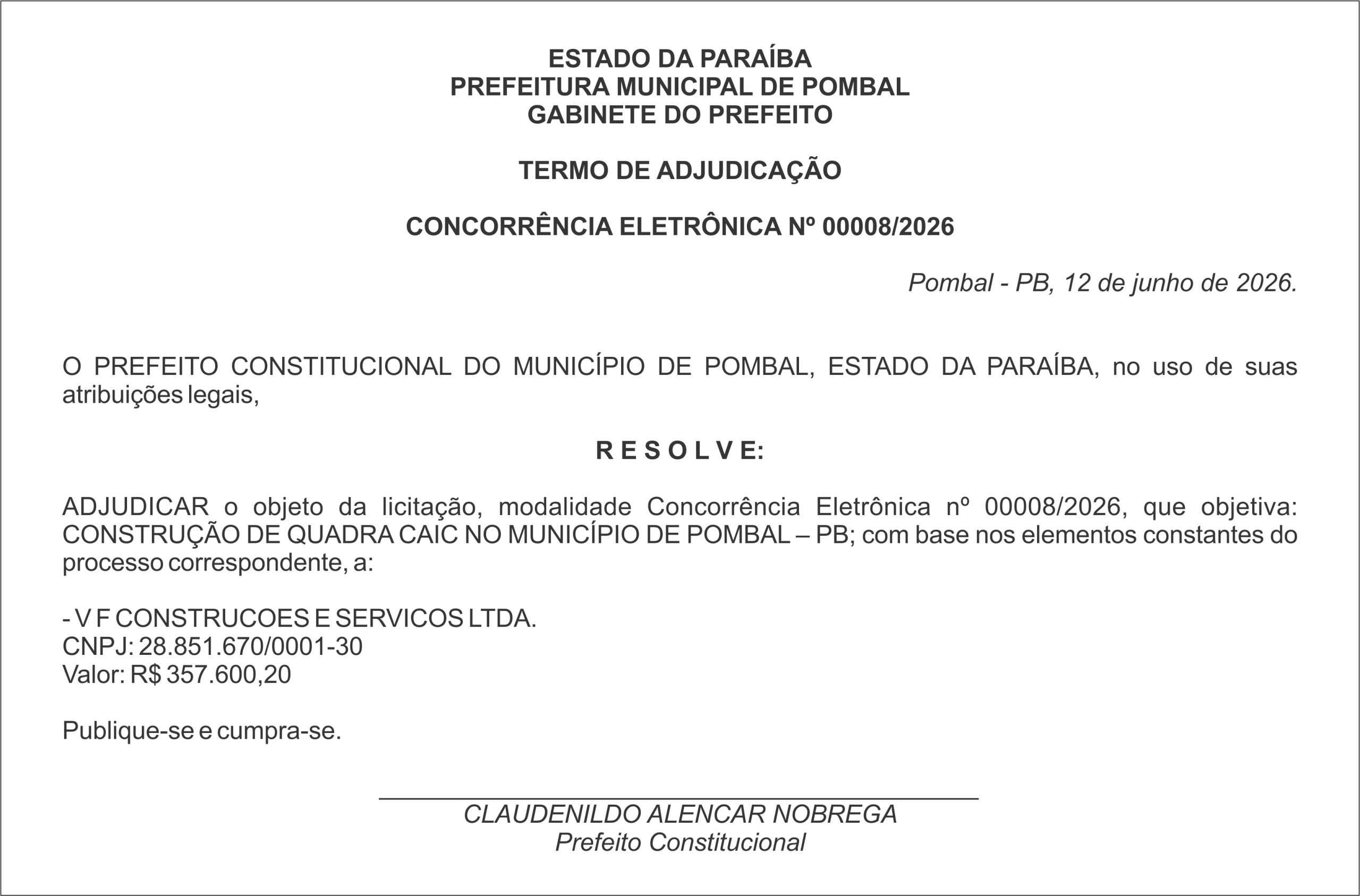 PREFEITURA MUNICIPAL DE POMBAL – TERMO DE ADJUDICAÇÃO