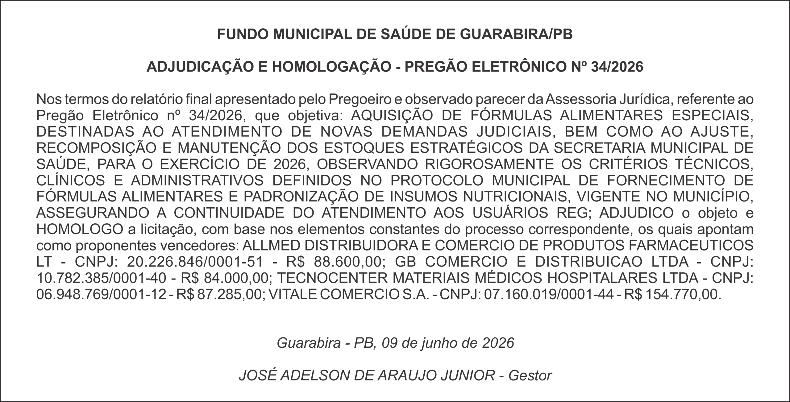 FUNDO MUNICIPAL DE SAÚDE DE GUARABIRA/PB  ADJUDICAÇÃO E HOMOLOGAÇÃO – PREGÃO ELETRÔNICO Nº 34/2026