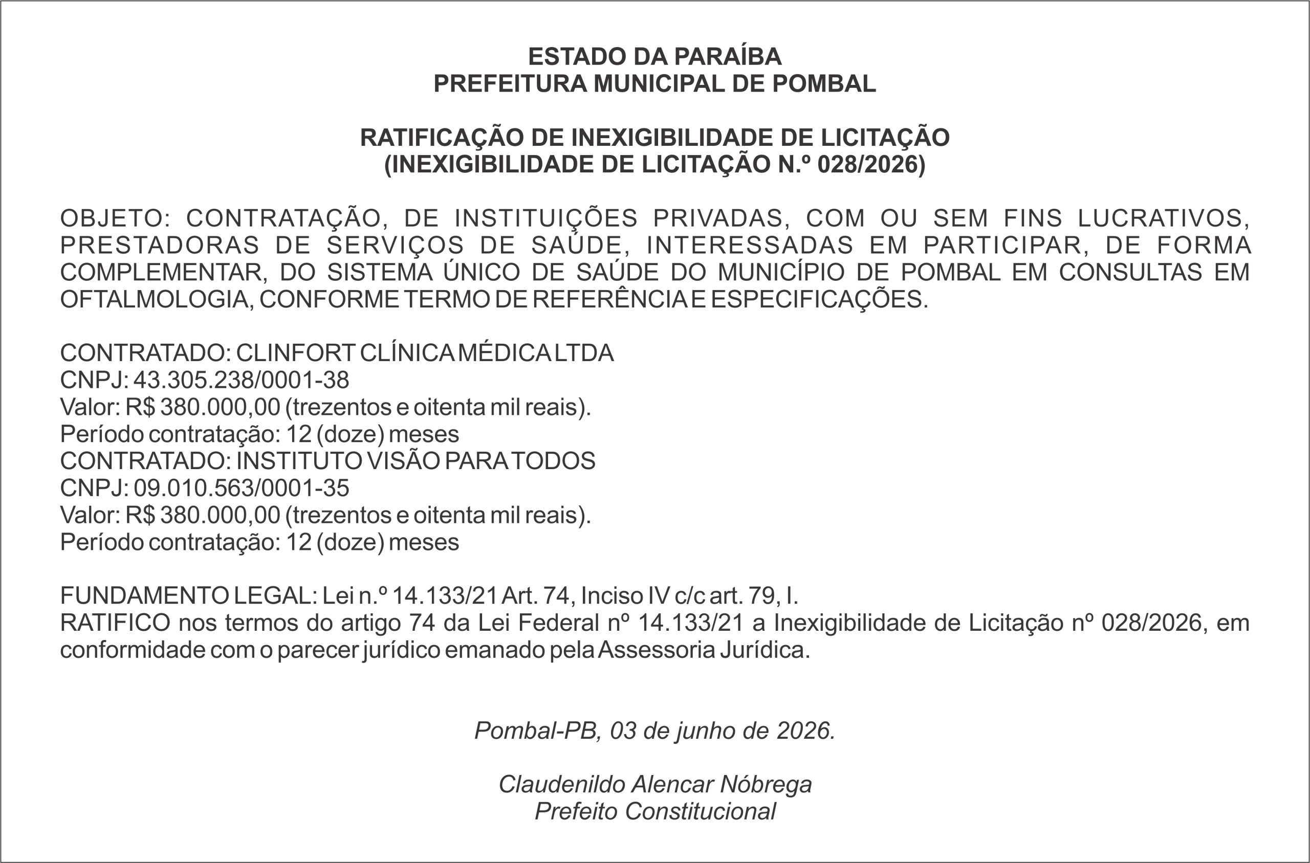 PREFEITURA MUNICIPAL DE POMBAL – RATIFICAÇÃO DE INEXIGIBILIDADE DE LICITAÇÃO