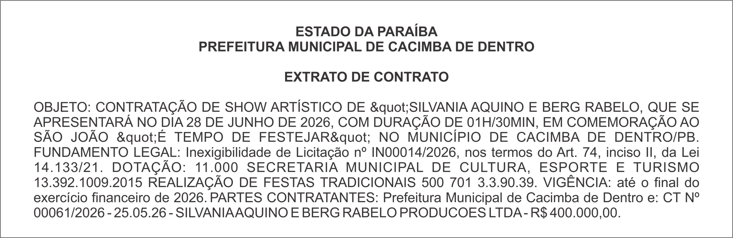 PREFEITURA MUNICIPAL DE CACIMBA DE DENTRO – EXTRATO DE CONTRATO