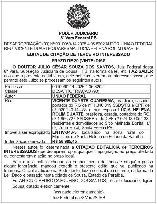 SECRETARIA NACIONAL DE SEGURANÇA HIDRICA – SNSH – MDR – DF – BRASÍLIA – Edital de Citação de Terceiro Interessado – ENTIV- 343-3 (VICENTE DUARTE QUARESMA)