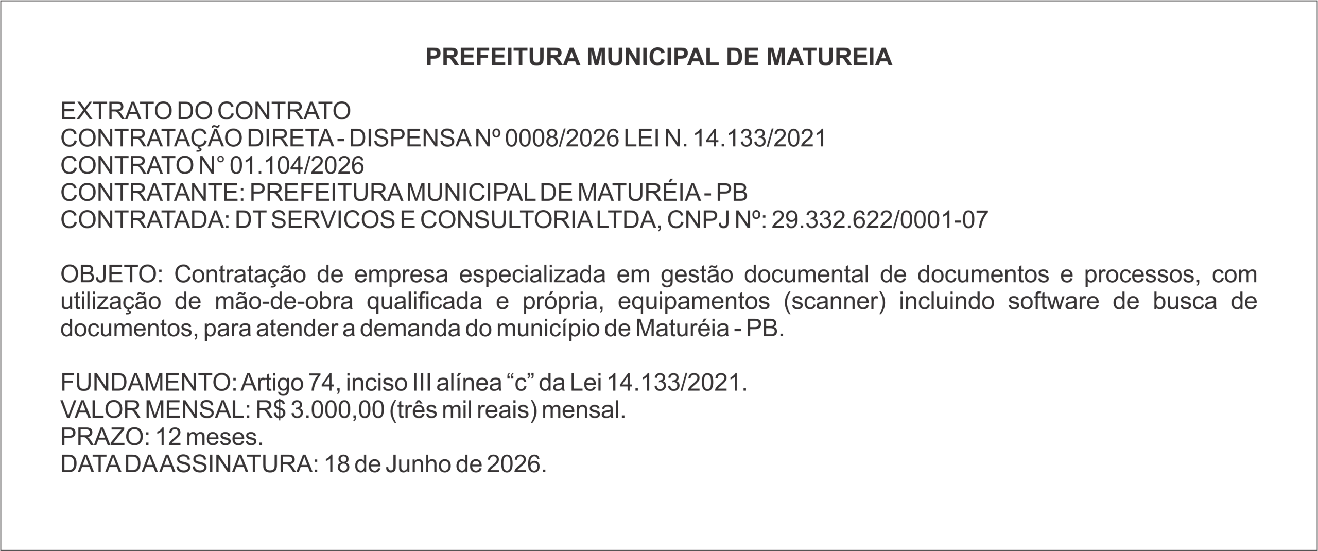 PREFEITURA DE MATUREIA – EXTRATO DO CONTRATO CONTRATAÇÃO DIRETA – DISPENSA Nº 0008/2026