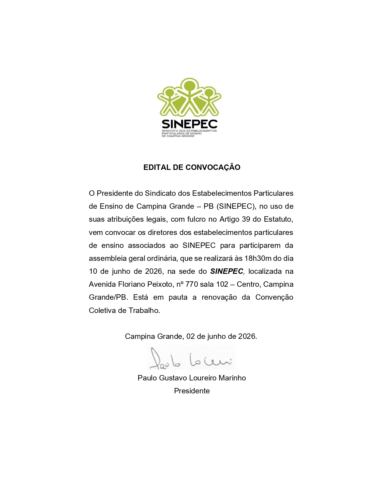 SINEPEC – EDITAL DE CONVOCAÇÃO