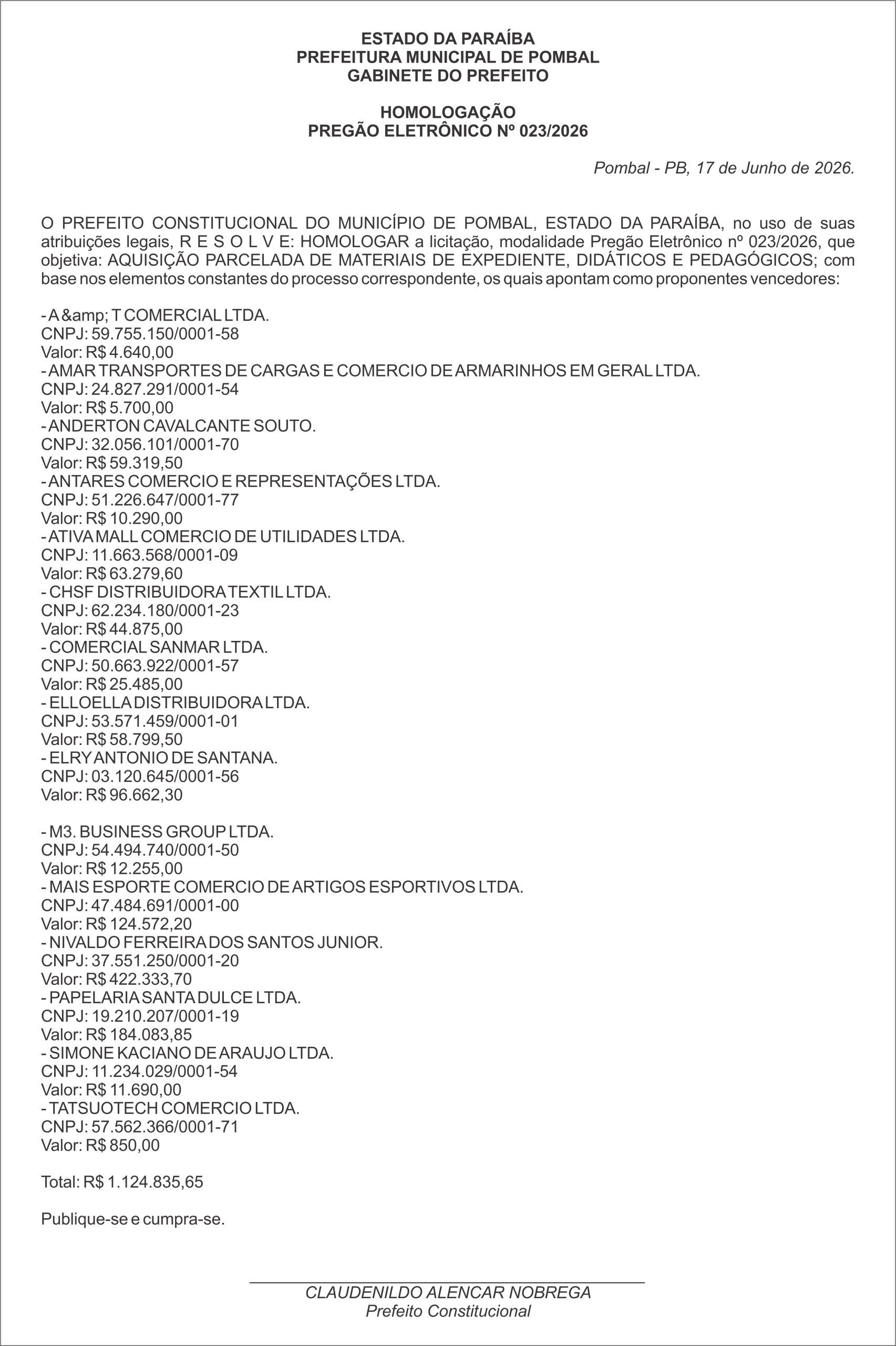 PREFEITURA MUNICIPAL DE POMBAL – TERMO DE HOMOLOGAÇÃO