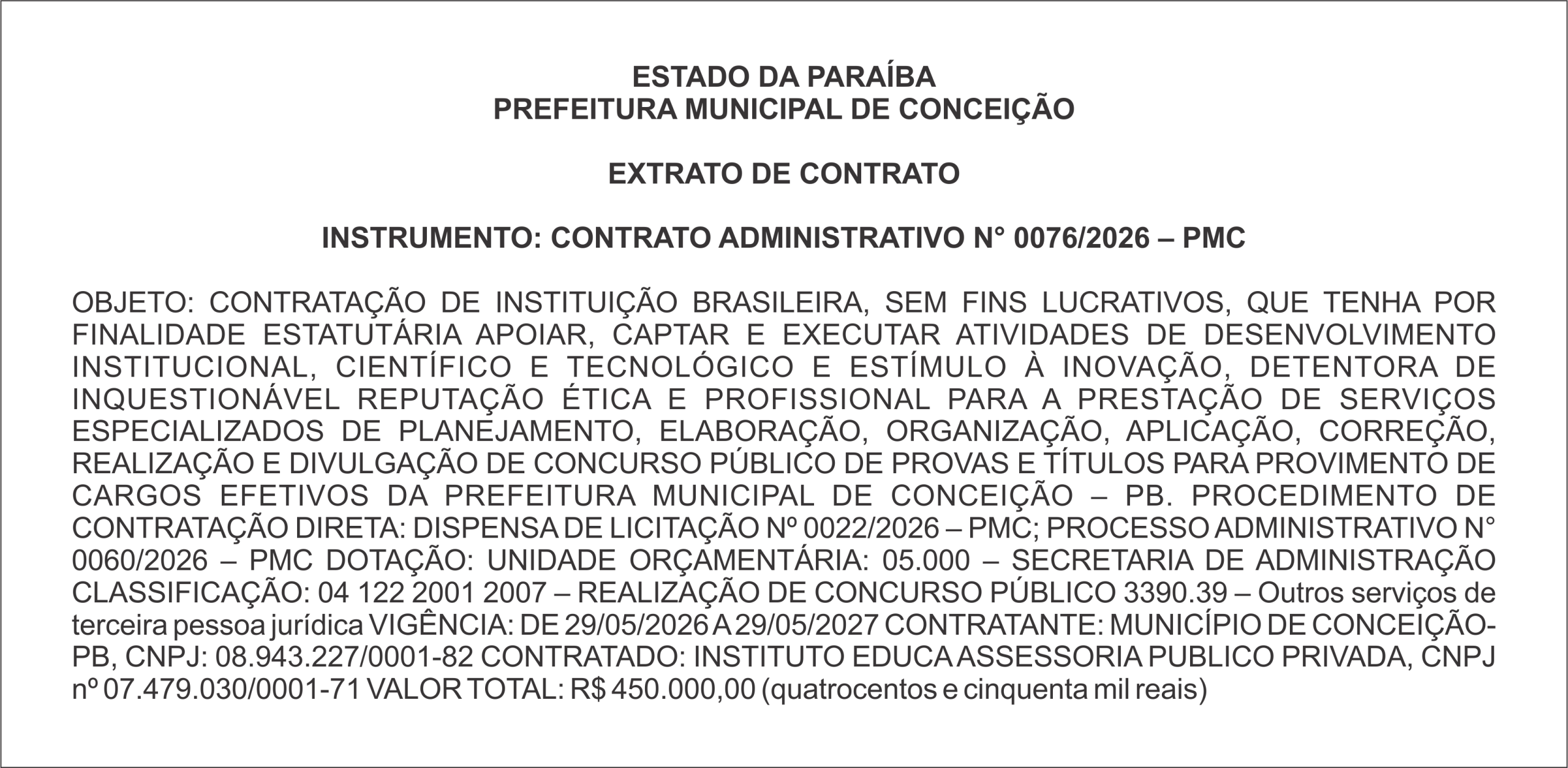 PREFEITURA MUNICIPAL DE CONCEIÇÃO  –  EXTRATO DE CONTRATO