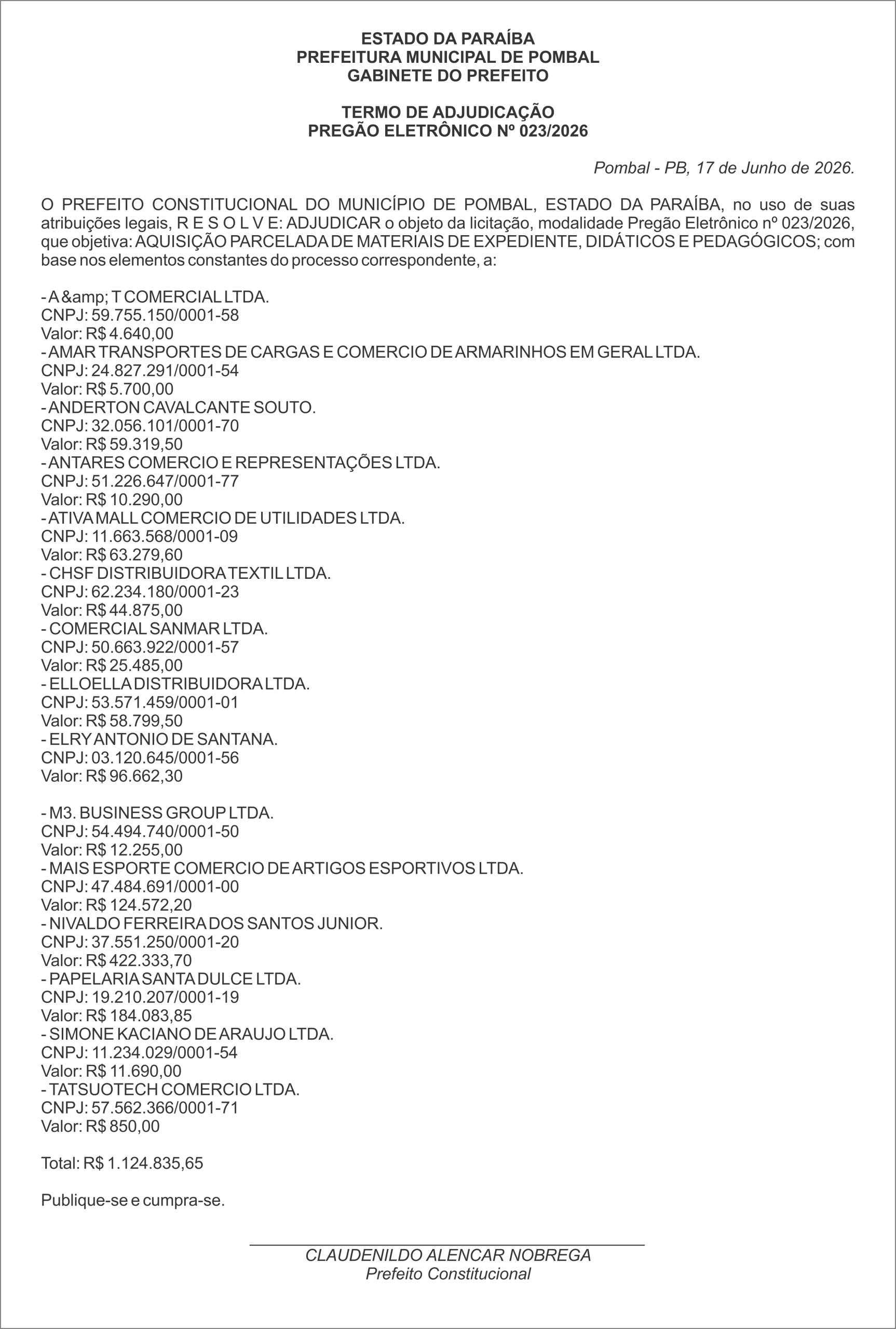 PREFEITURA MUNICIPAL DE POMBAL – TERMO DE ADJUDICAÇÃO PREGÃO ELETRÔNICO Nº 023/2026