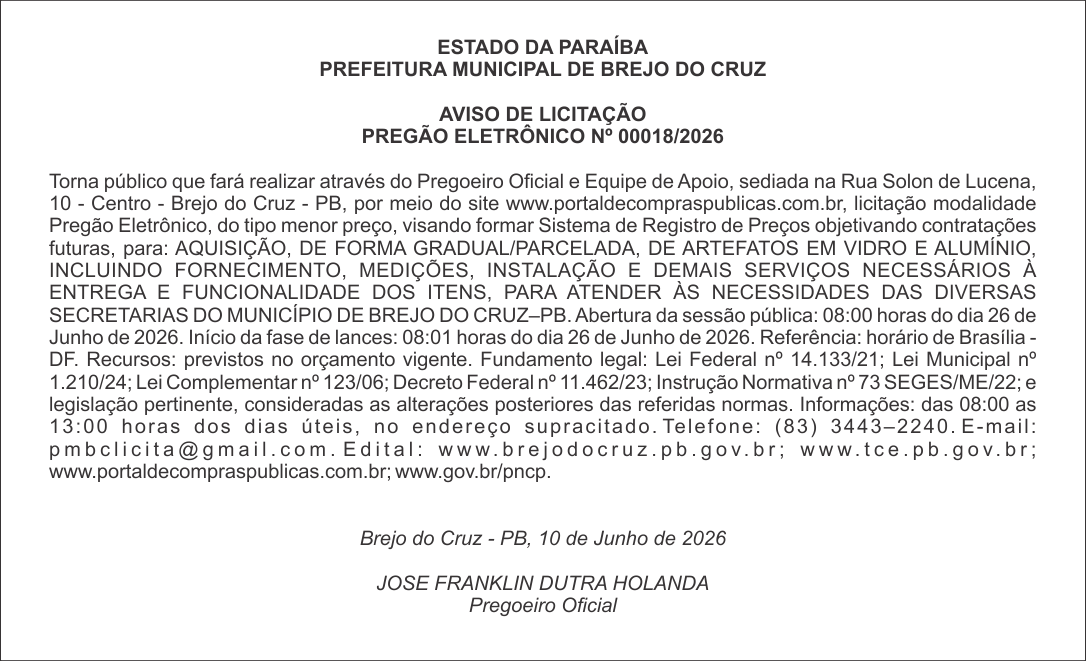 PREFEITURA MUNICIPAL DE BREJO DO CRUZ – AVISO DE LICITAÇÃO – PREGÃO ELETRÔNICO Nº 00018/2026