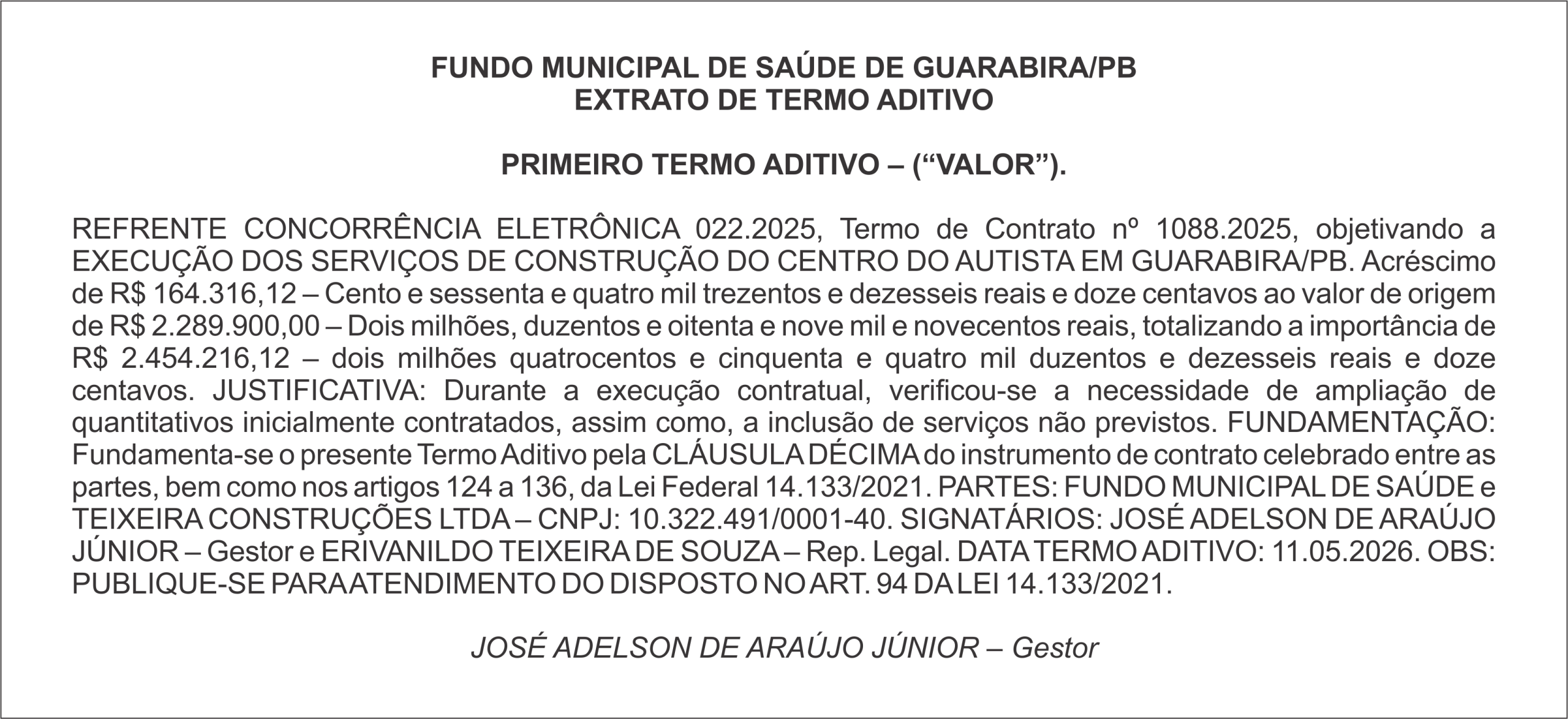 FUNDO MUNICIPAL DE SAÚDE DE GUARABIRA/PB – EXTRATO DE TERMO ADITIVO