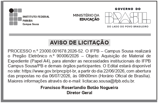IFPB – PB – SOUSA – CAMPUS – AVISO DE LICITAÇÃO -Pregão Eletrônico N° 90006/2026