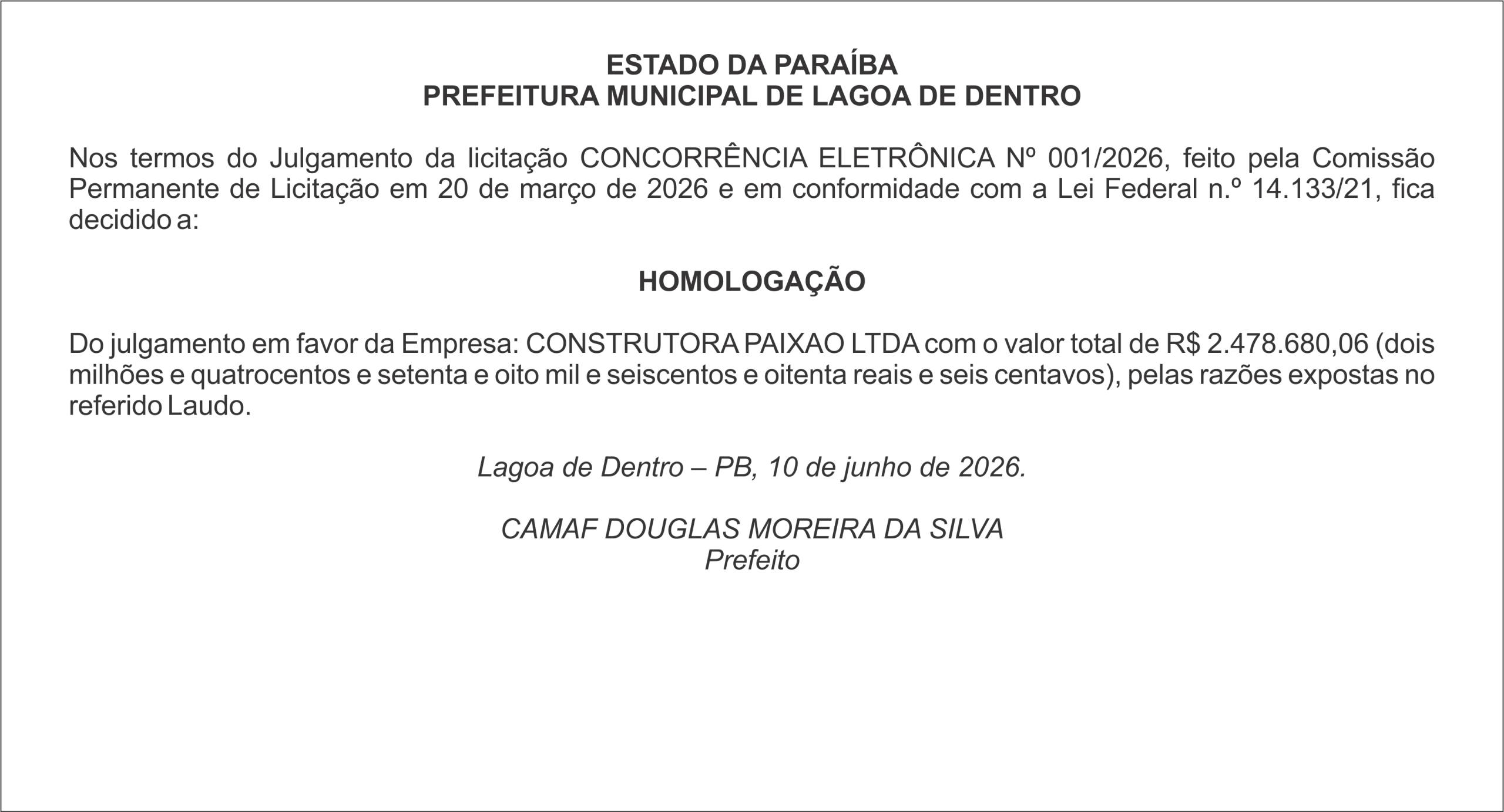PREFEITURA MUNICIPAL DE LAGOA DE DENTRO – HOMOLOGAÇÃO