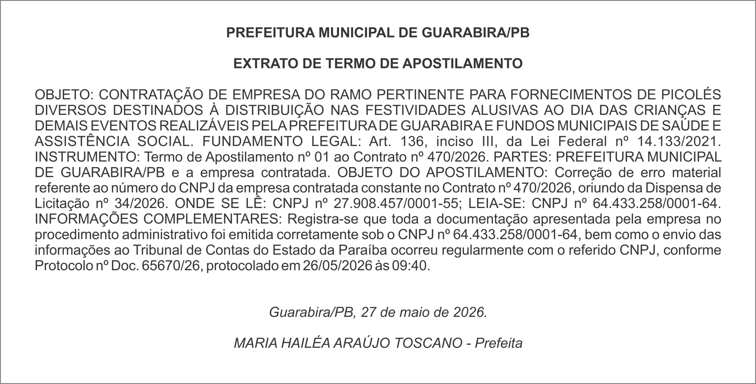 PREFEITURA MUNICIPAL DE GUARABIRA/PB EXTRATO DE TERMO DE APOSTILAMENTO