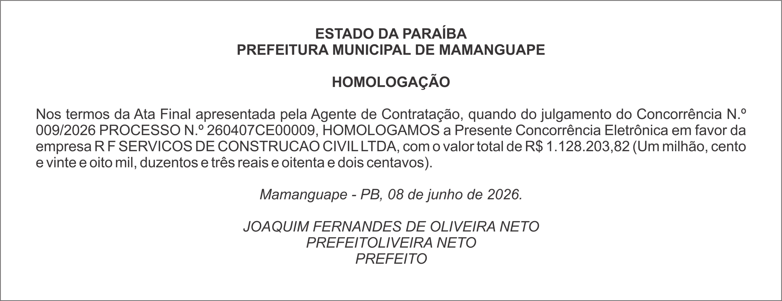 PREFEITURA MUNICIPAL DE MAMANGUAPE – HOMOLOGAÇÃO