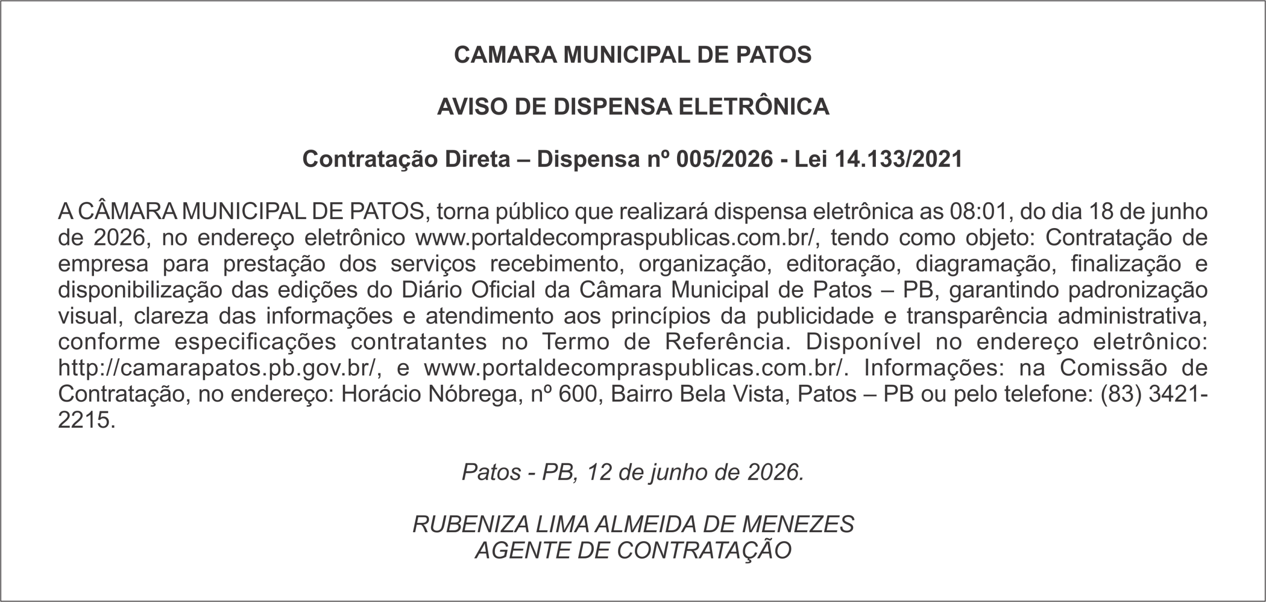 CAMARA MUNICIPAL DE PATOS – AVISO DE DISPENSA ELETRÔNICA