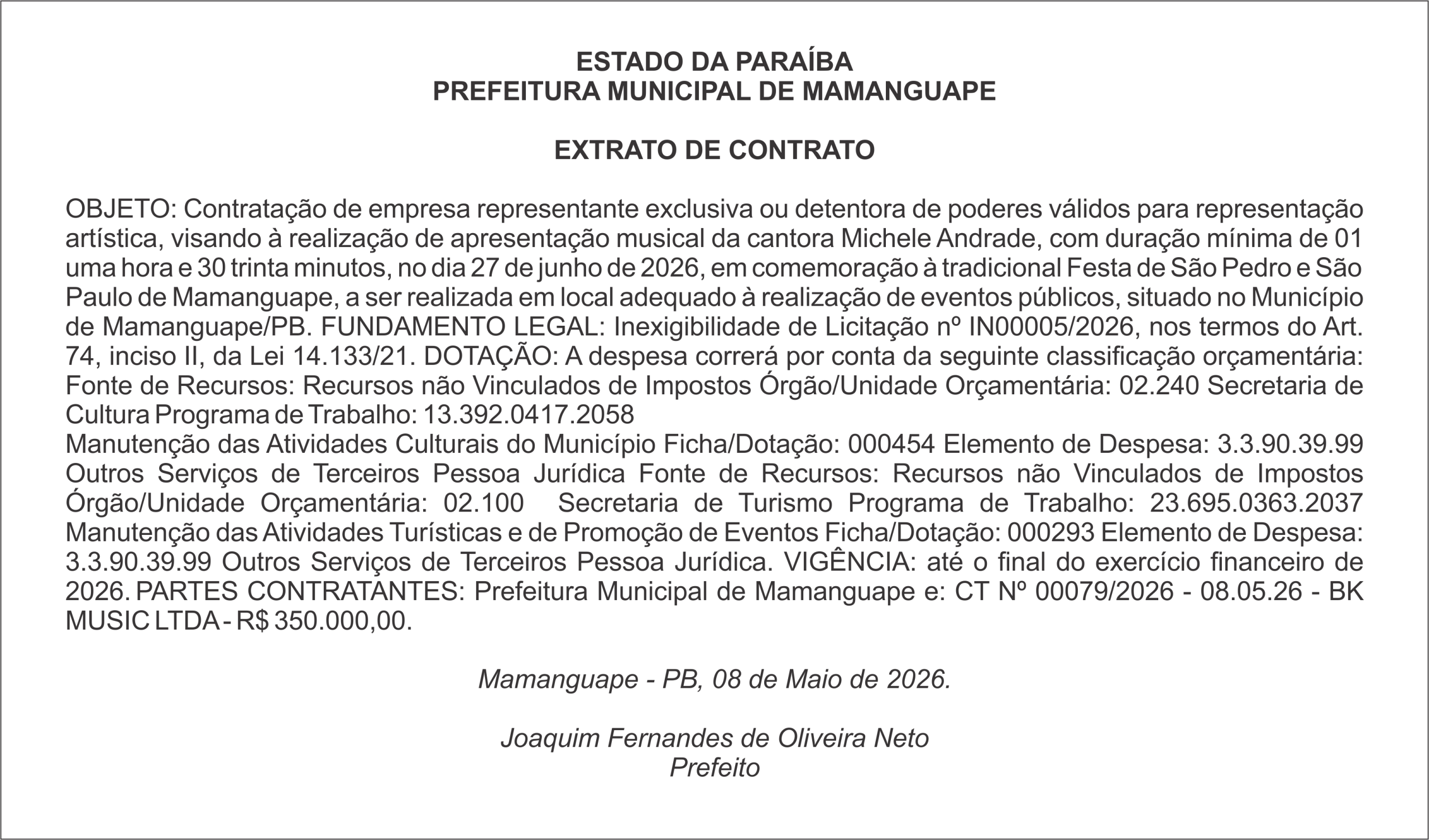 PREFEITURA MUNICIPAL DE MAMANGUAPE – EXTRATO DE CONTRATO