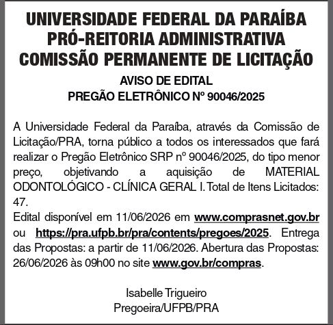 UNIVERSIDADE FEDERAL DA PARAIBA –  PREGÃO ELETRÔNICO No 90046-2026