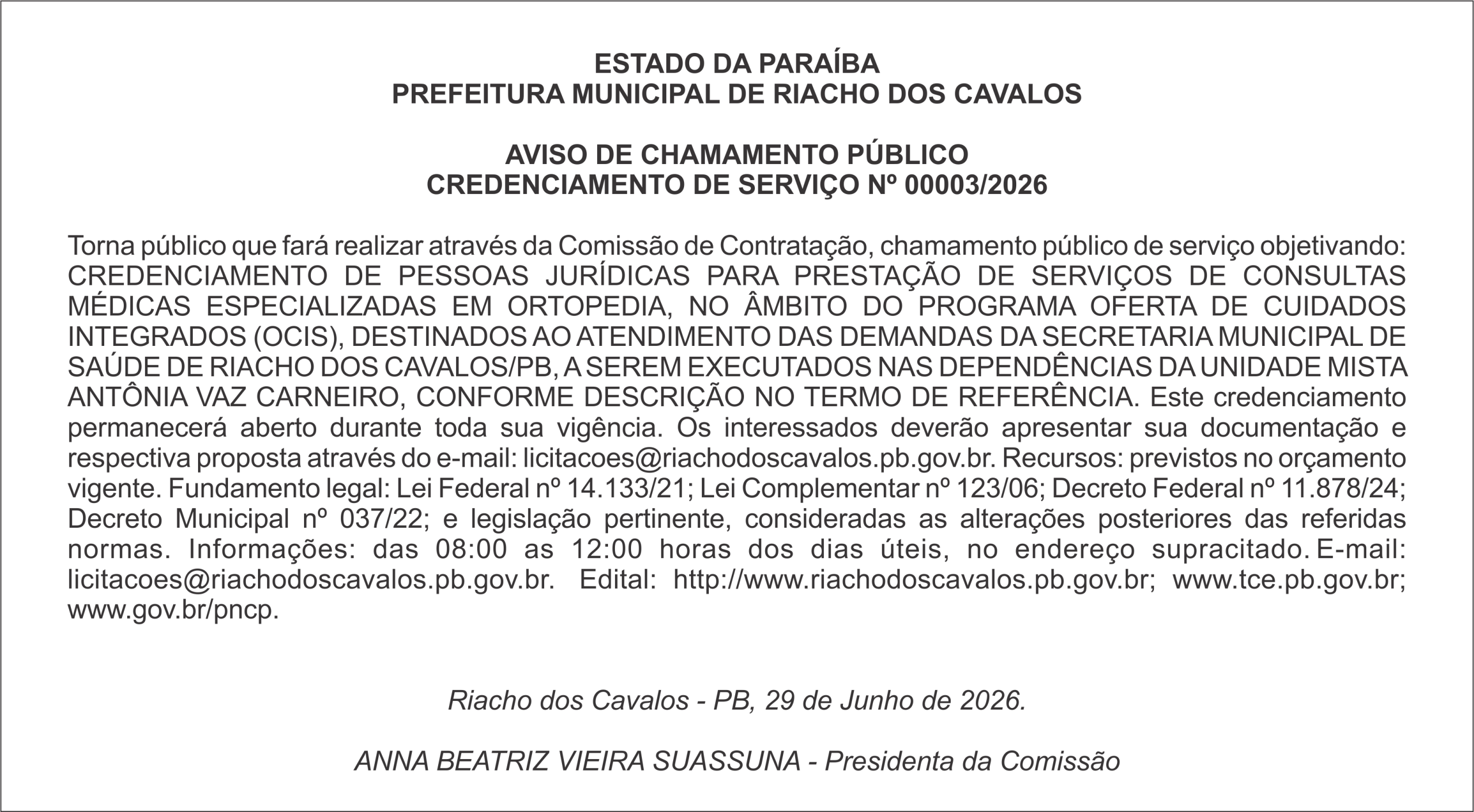 PREFEITURA MUNICIPAL DE RIACHO DOS CAVALOS –  AVISO DE CHAMAMENTO PÚBLICO CREDENCIAMENTO DE SERVIÇO Nº 00003/2026