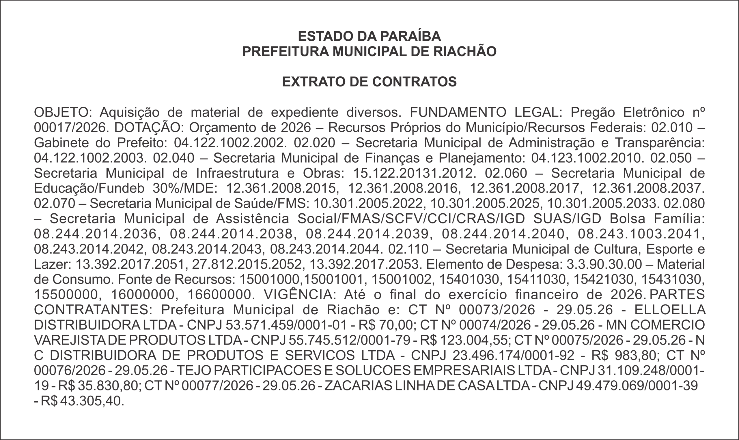 PREFEITURA MUNICIPAL DE RIACHÃO – EXTRATO DE CONTRATOS