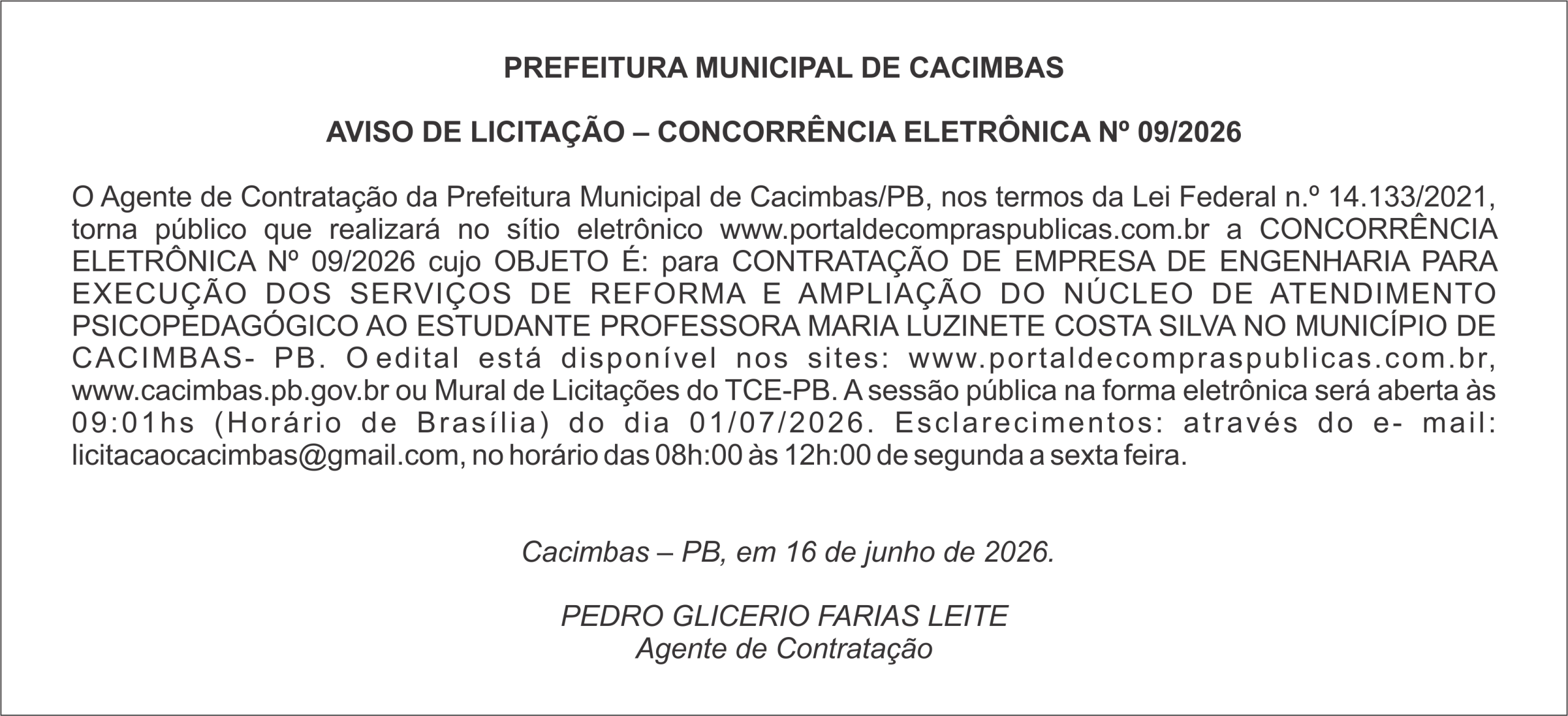 PREFEITURA DE CACIMBAS – AVISO DE LICITAÇÃO – CONCORRÊNCIA ELETRÔNICA Nº 09/2026