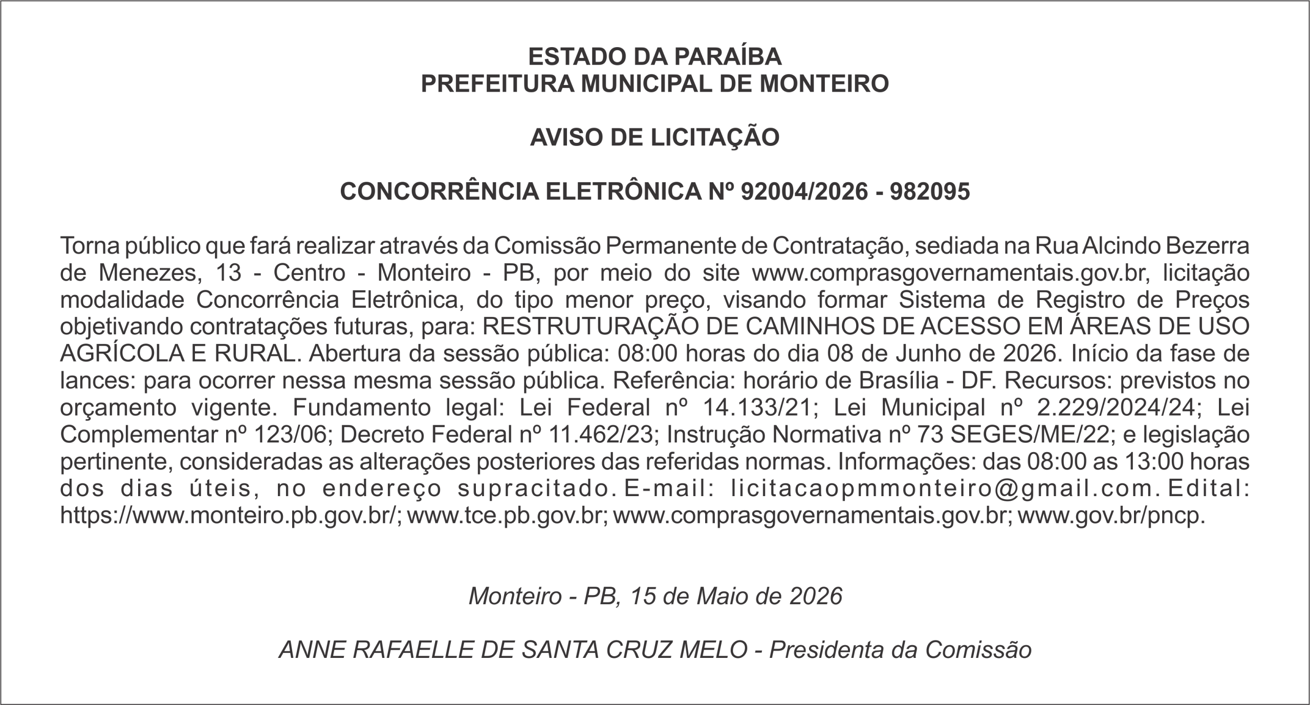 PREFEITURA MUNICIPAL DE MONTEIRO – AVISO DE LICITAÇÃO  CONCORRÊNCIA ELETRÔNICA Nº 92004/2026 – 982095