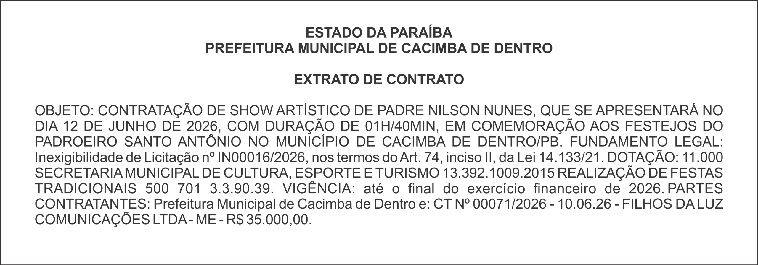 PREFEITURA MUNICIPAL DE CACIMBA DE DENTRO EXTRATO DE CONTRATO