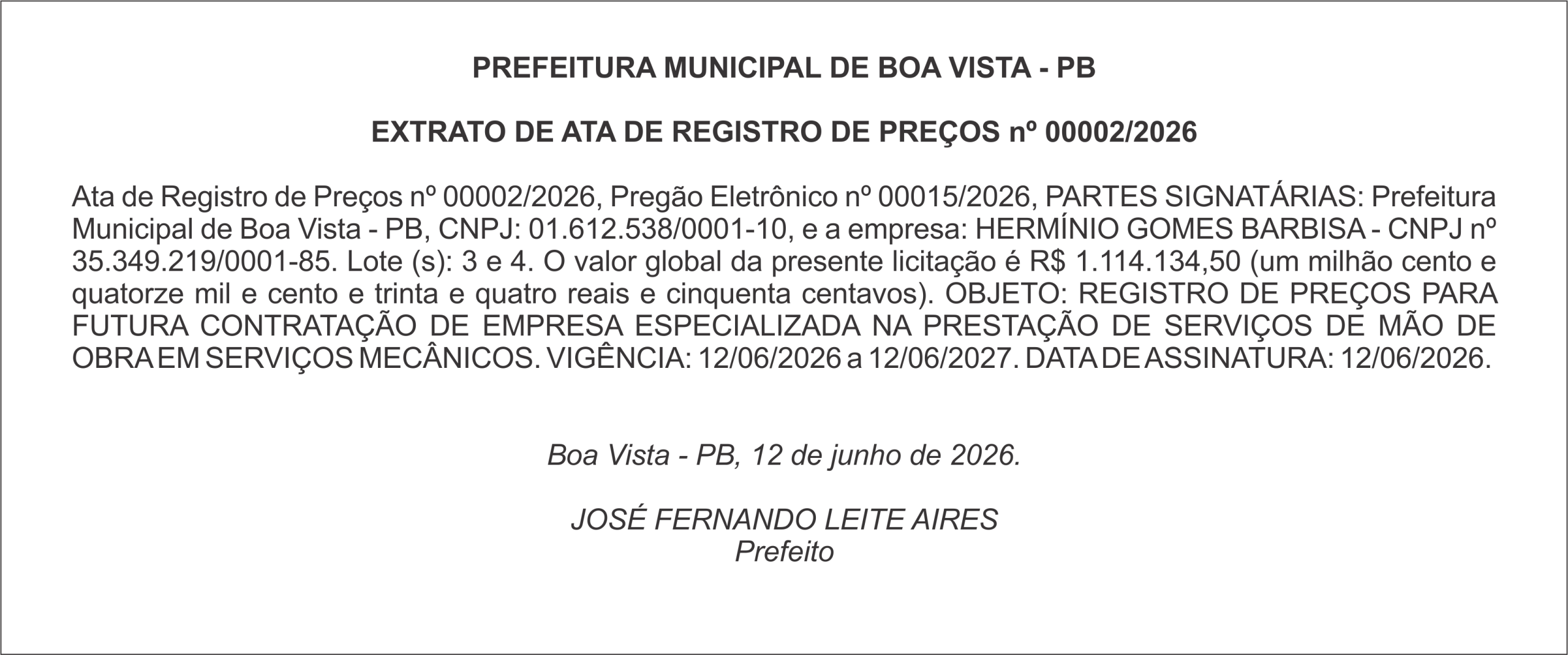PREFEITURA MUNICIPAL DE BOA VISTA – PB EXTRATO DE ATA DE REGISTRO DE PREÇOS nº 00002/2026