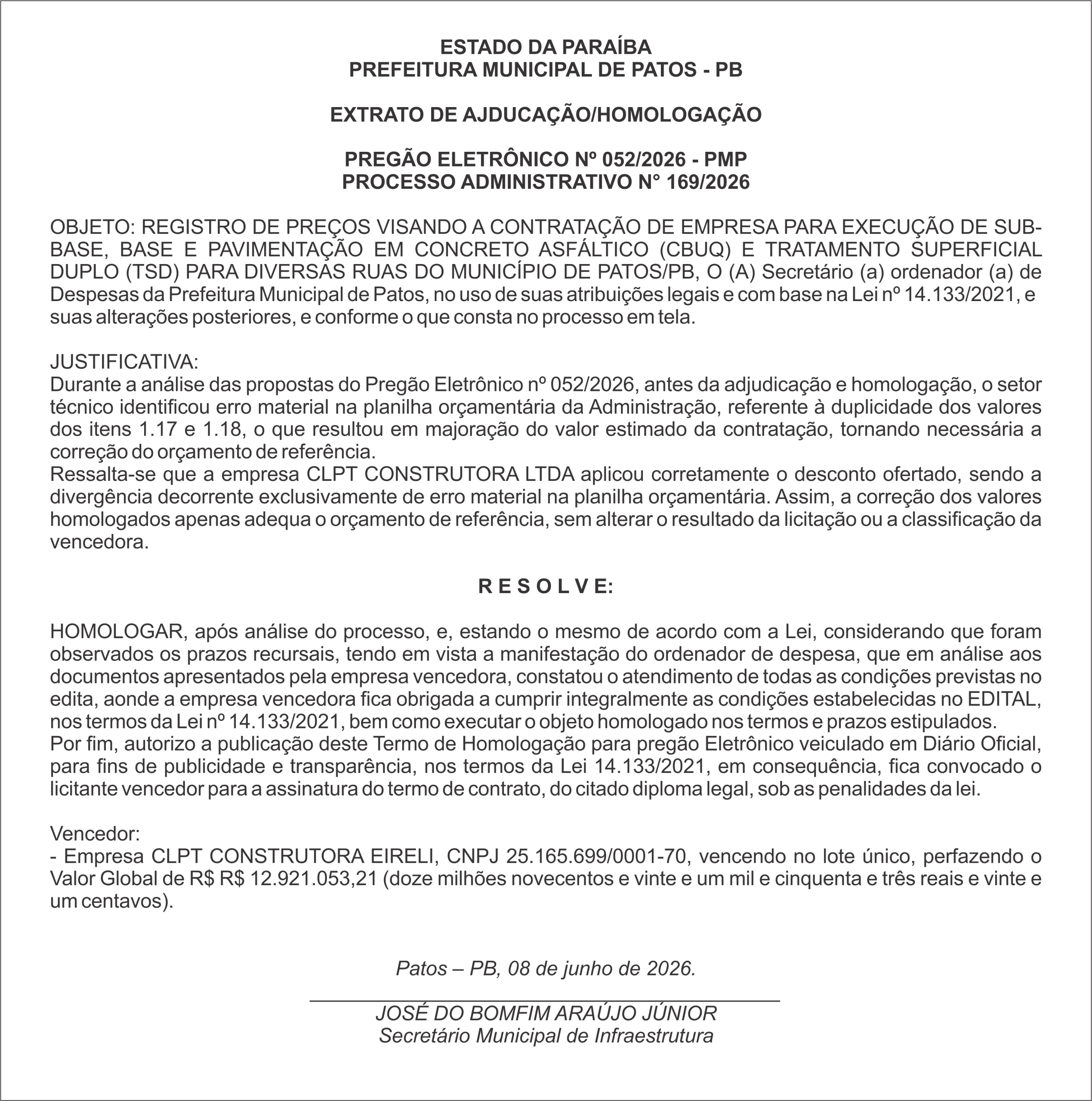 PREFEITURA MUNICIPAL DE PATOS – PB – PREGÃO ELETRÔNICO Nº 052/2026 – PMP