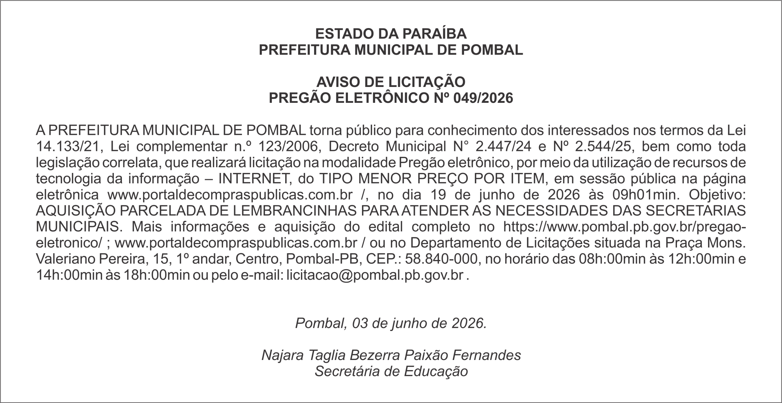 PREFEITURA MUNICIPAL DE POMBAL – AVISO DE LICITAÇÃO – PREGÃO ELETRÔNICO Nº 049/2026