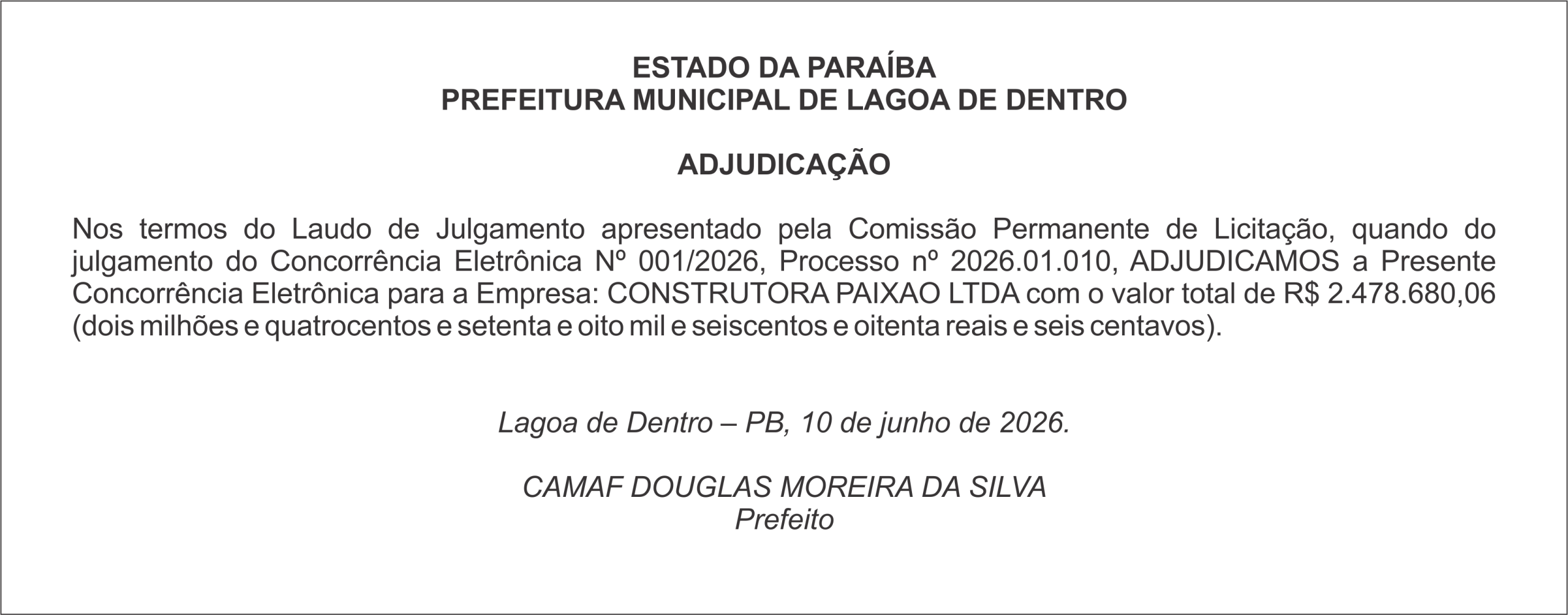 PREFEITURA MUNICIPAL DE LAGOA DE DENTRO – ADJUDICAÇÃO
