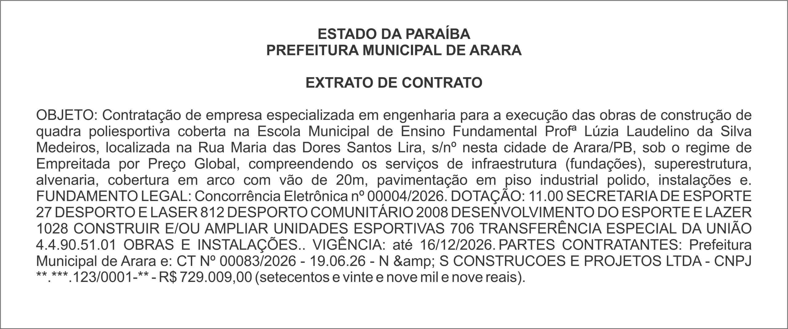 PREFEITURA MUNICIPAL DE ARARA – EXTRATO DE CONTRATO