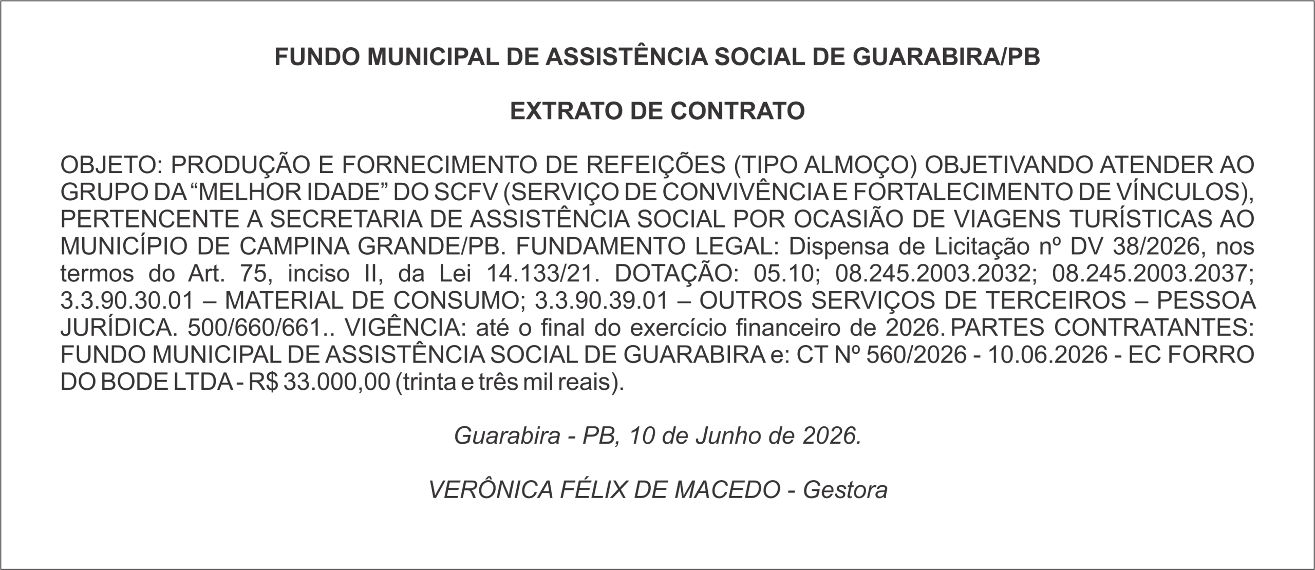 FUNDO MUNICIPAL DE ASSISTÊNCIA SOCIAL DE GUARABIRA/PB  EXTRATO DE CONTRATO