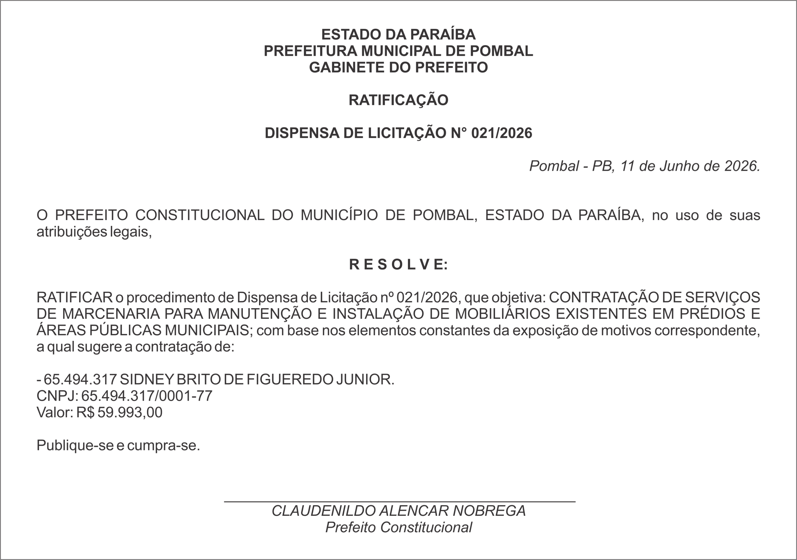 PREFEITURA DE POMBAL – RATIFICAÇÃO  DISPENSA DE LICITAÇÃO N° 021/2026