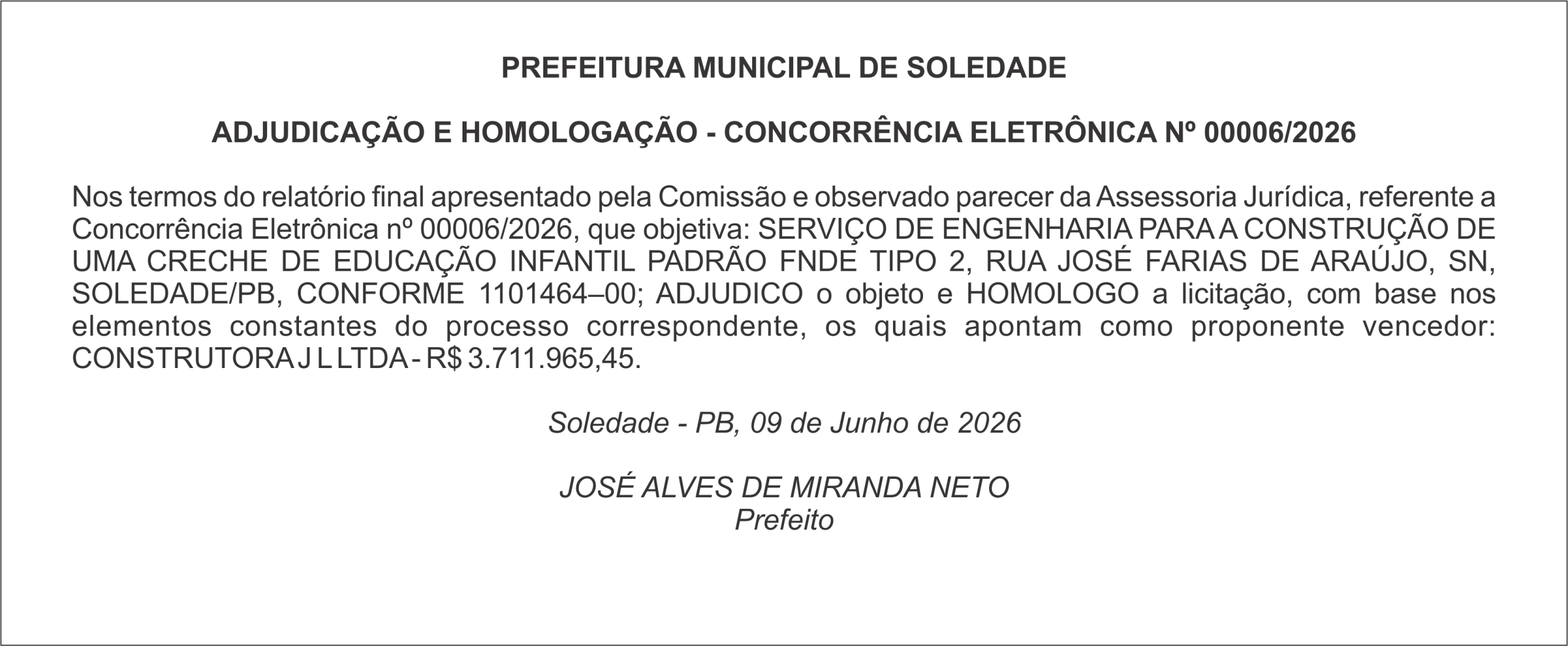PREFEITURA DE SOLEDADE – ADJUDICAÇÃO E HOMOLOGAÇÃO – CONCORRÊNCIA ELETRÔNICA Nº 00006/2026