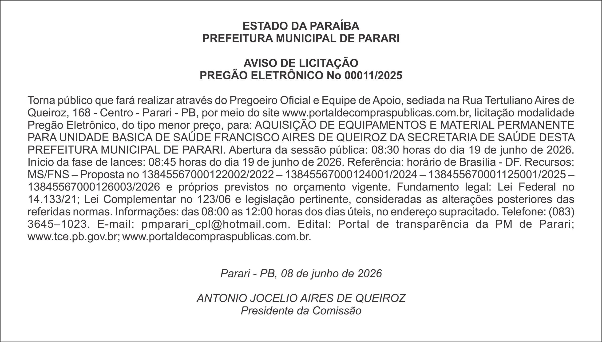 PREFEITURA MUNICIPAL DE PARARI – AVISO DE LICITAÇÃO PREGÃO ELETRÔNICO Nº 00011/2026