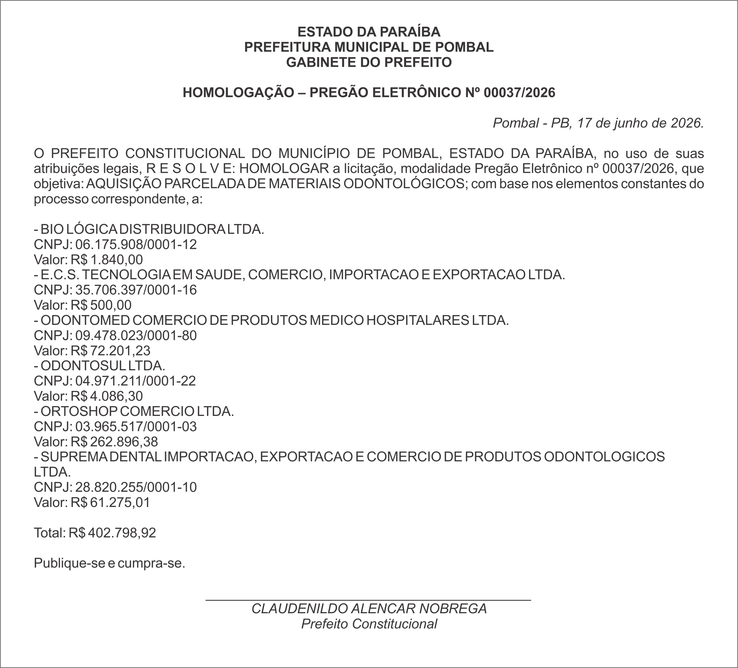 PREFEITURA MUNICIPAL DE POMBAL – TERMO DE HOMOLOGAÇÃO