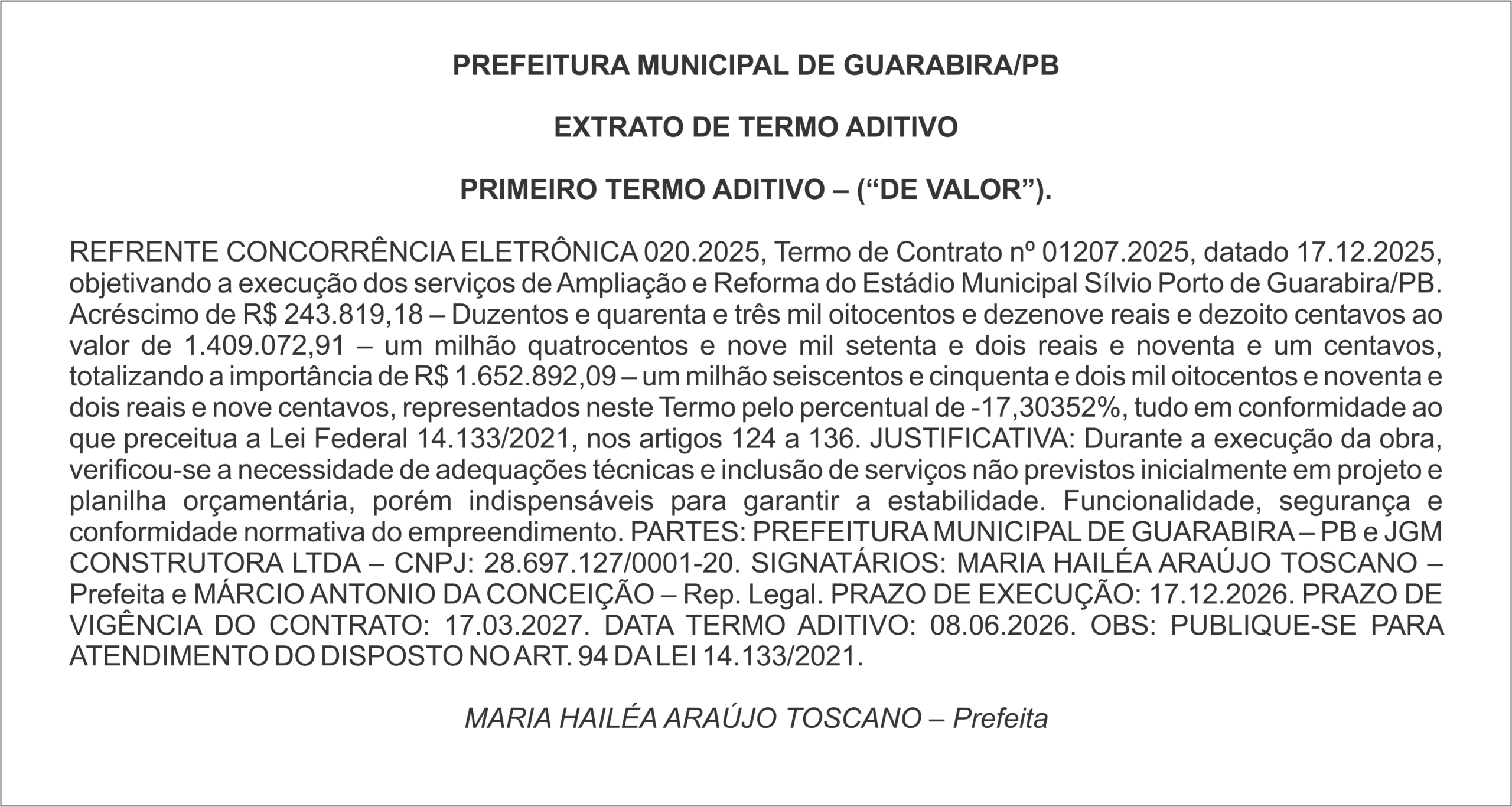 PREFEITURA MUNICIPAL DE GUARABIRA/PB – EXTRATO DE TERMO ADITIVO