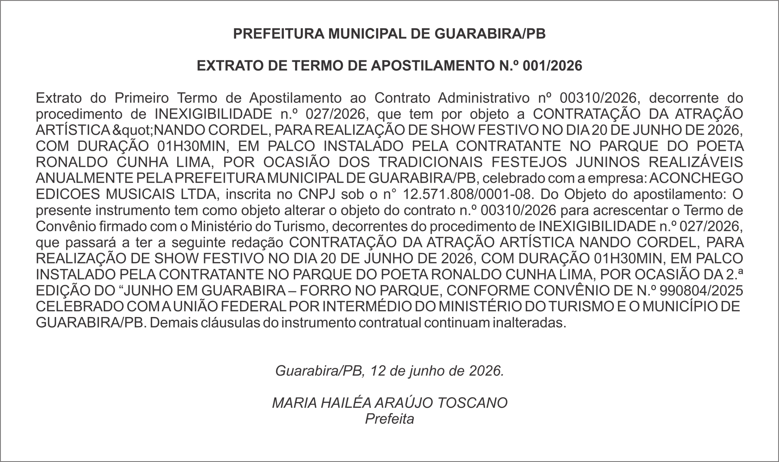 PREFEITURA MUNICIPAL DE GUARABIRA/PB EXTRATO DE TERMO DE APOSTILAMENTO N.º 001/2026