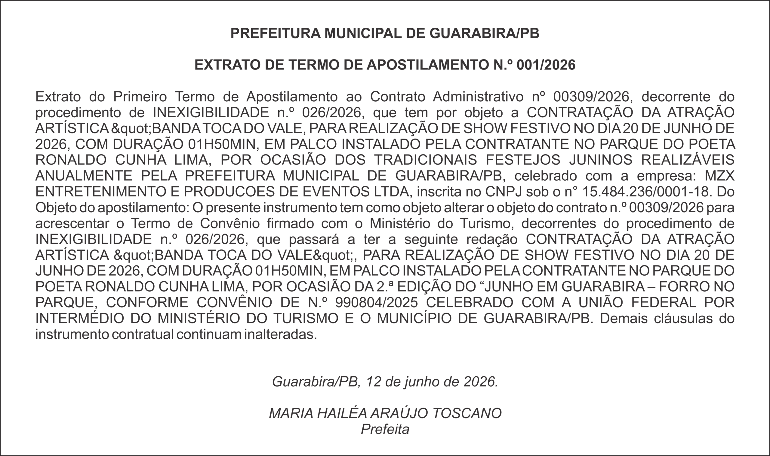 PREFEITURA MUNICIPAL DE GUARABIRA/PB EXTRATO DE TERMO DE APOSTILAMENTO N.º 001/2026