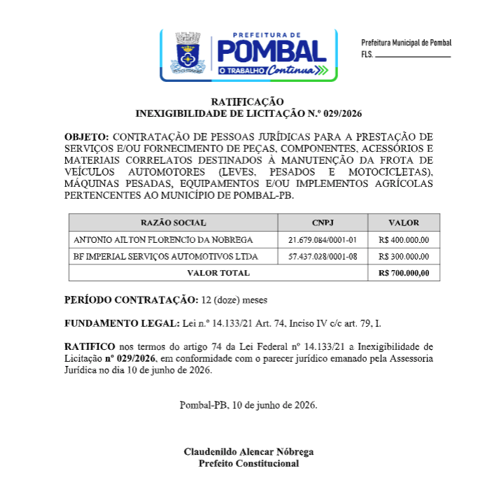 PREFEITURA DE POMBAL -RATIFICAÇÃO  INEXIGIBILIDADE DE LICITAÇÃO N.º 029/2026