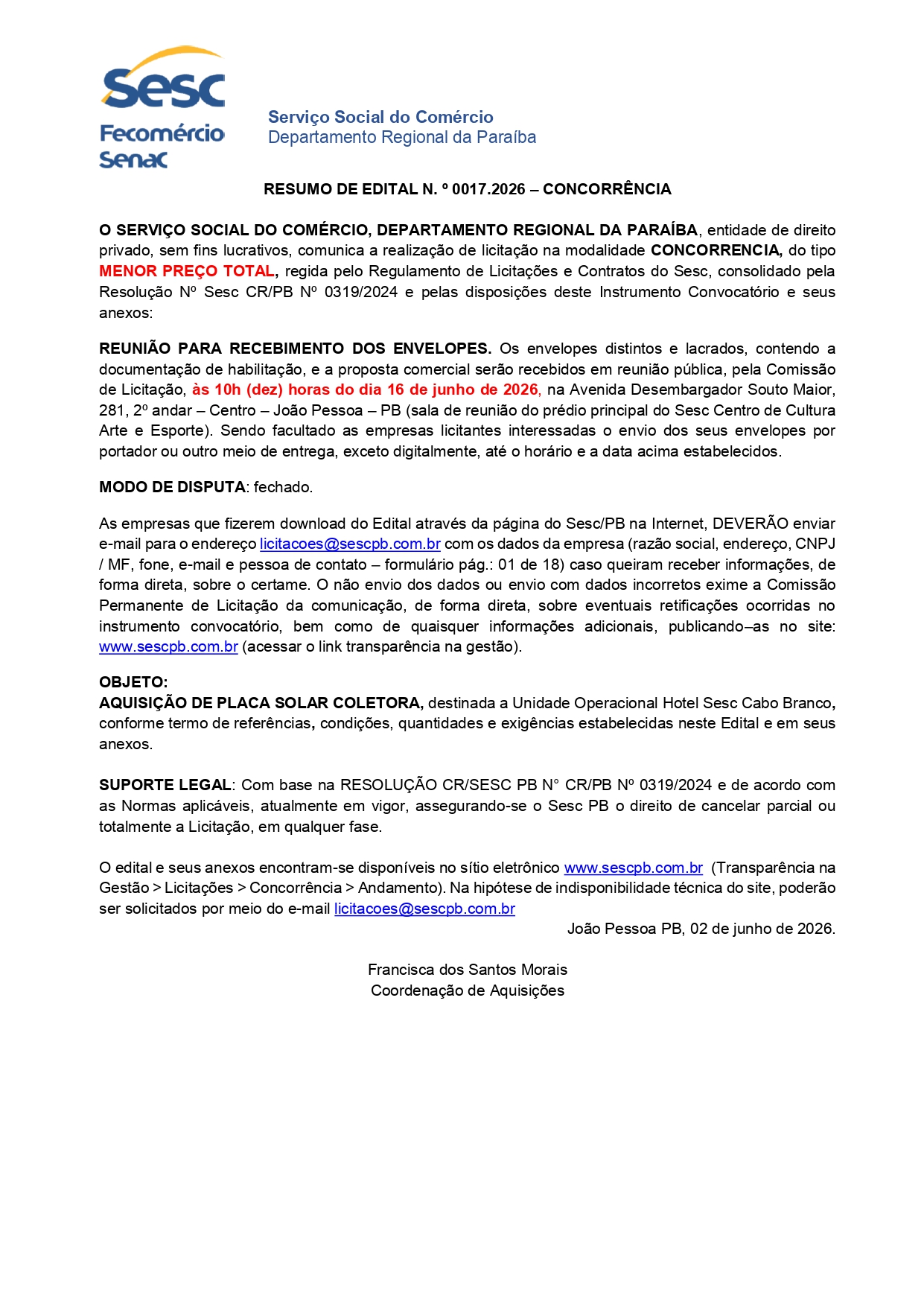SESC – RESUMO DE EDITAL N. º 0017.2026 – CONCORRÊNCIA