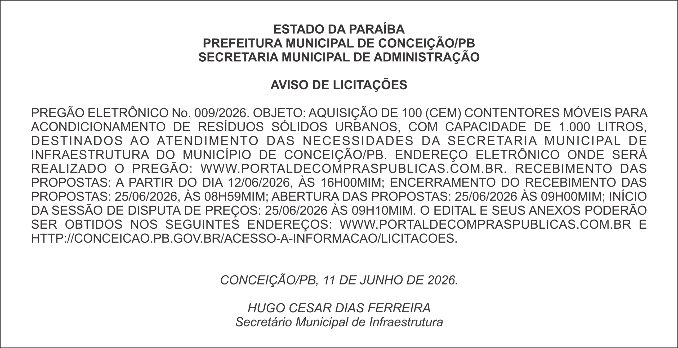 PREFEITURA MUNICIPAL DE CONCEIÇÃO/PB – AVISO DE LICITAÇÕES  PREGÃO ELETRÔNICO No. 009/2026