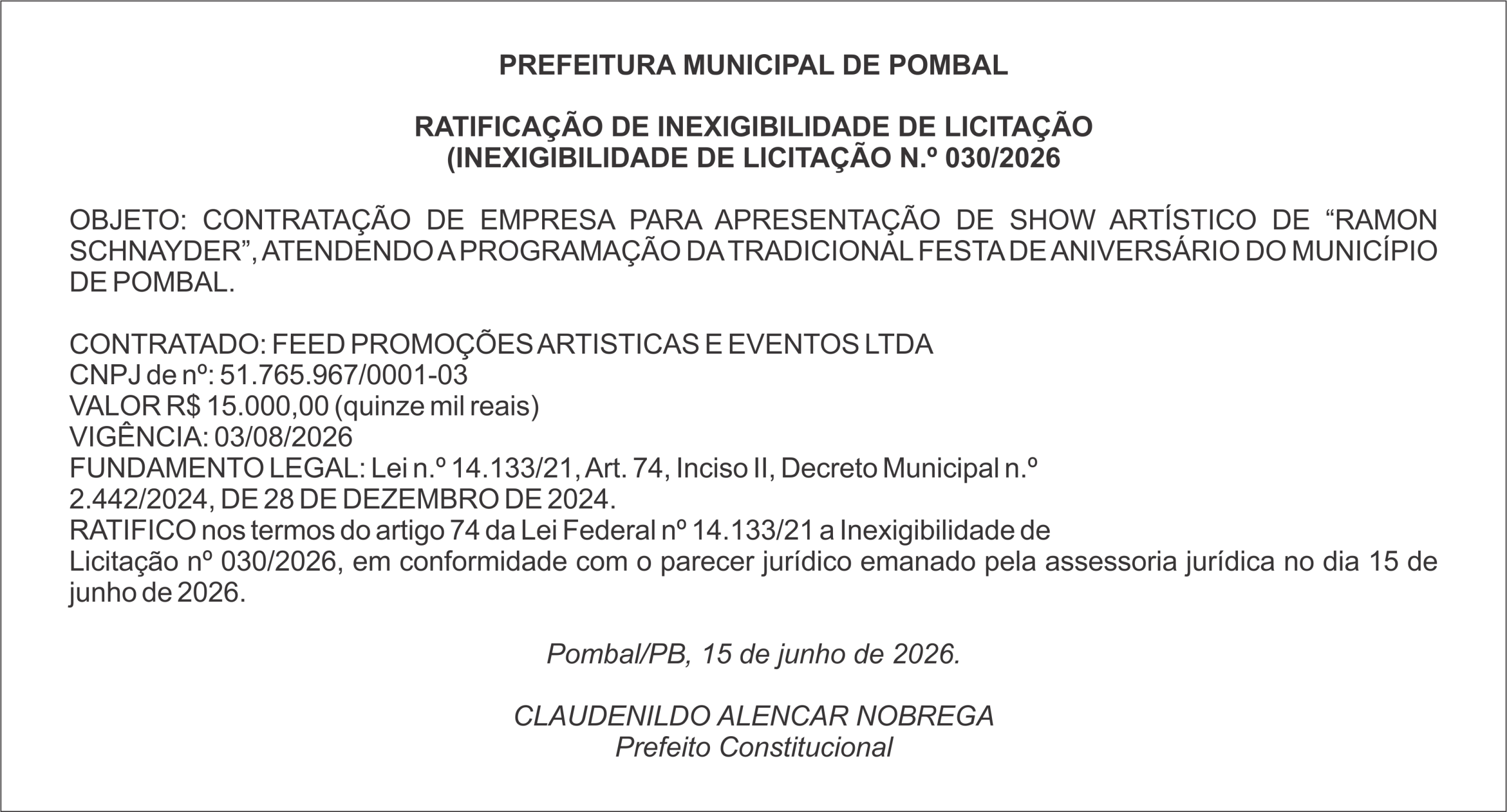 PREFEITURA MUNICIPAL DE POMBAL – RATIFICAÇÃO DE INEXIGIBILIDADE DE LICITAÇÃO